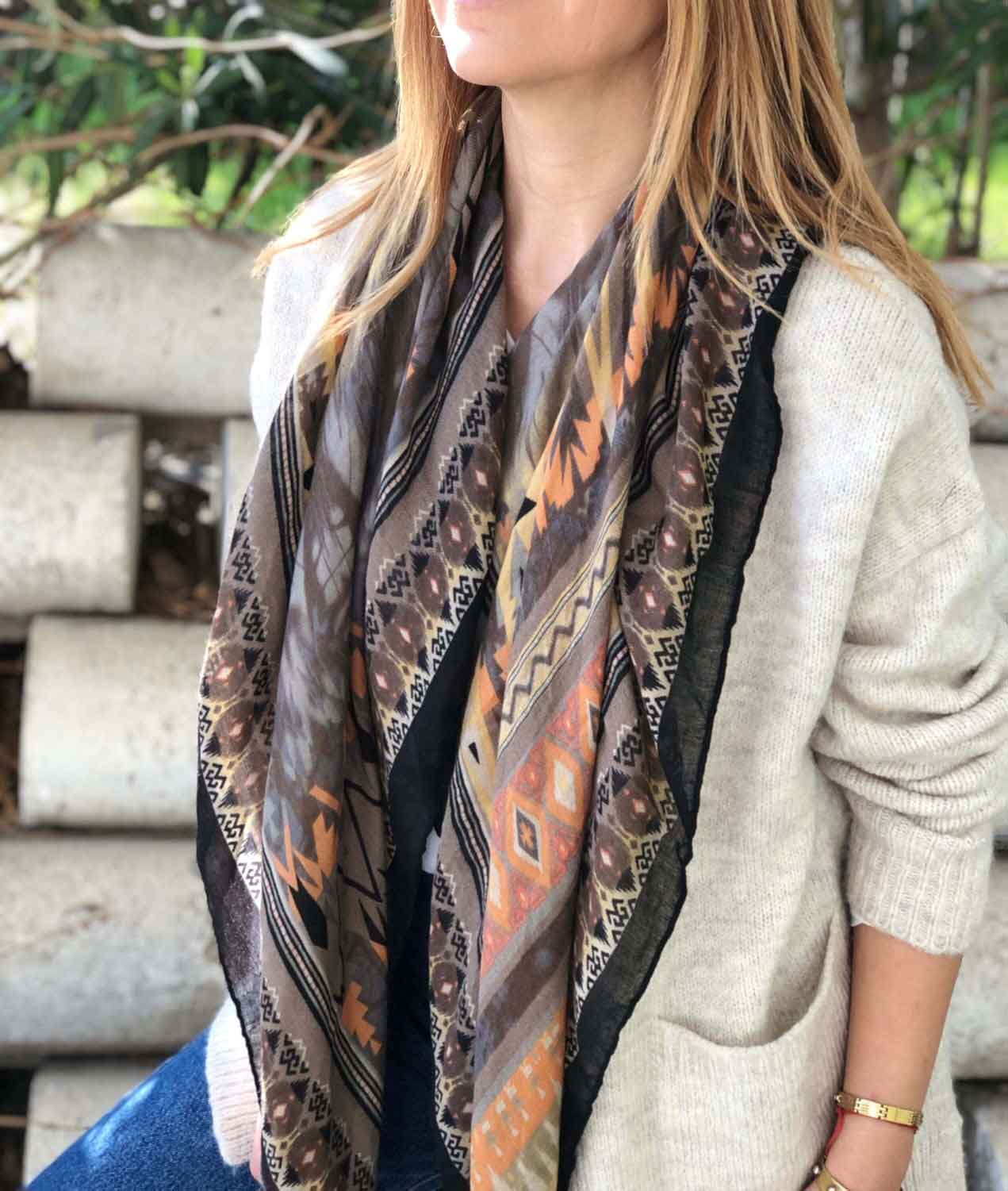 Large Cotton Square Scarf, Spring Autumn Scarf, Gift for Her, Black Khaki Green Yellow Ethnic Pattern Scarf with Black Tassel