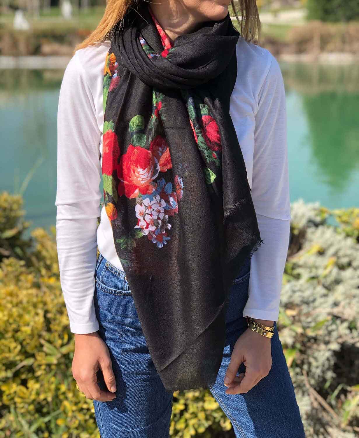 ORGANIC COTTON Scarf, Spring Autumn Rectangle Scarf, Best Gift for Her, Black and Floral with Softly Frayed Edges