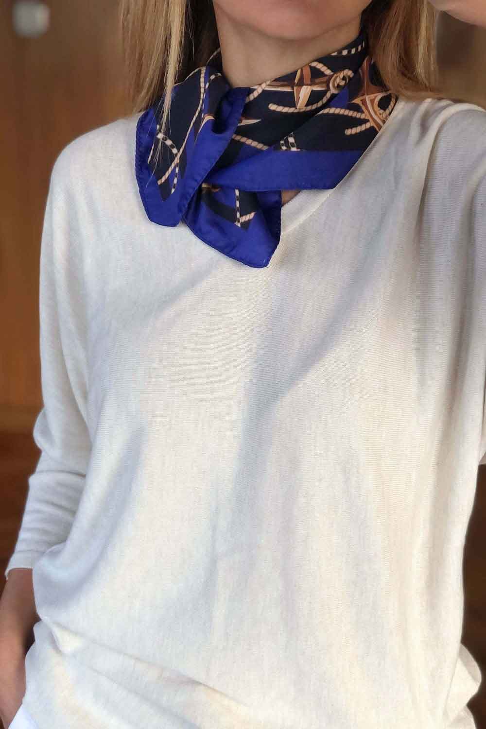 100% Satin Scarf, Spring Scarf, Gift for Women, Navy Blue Black Scarf, Head Scarf, Neck Scarf, Hair Scarf, Anchor Rope Pattern Silky Scarf