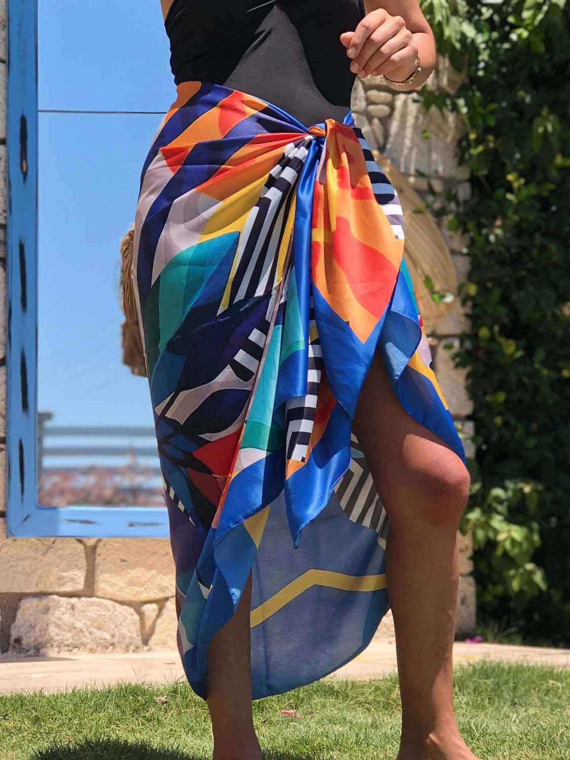 Long Pareo Scarf, All Season Scarf, Colorful Scarf, Cover Up Scarf, Cotton Beach Wrap, Colorful Pattern Green Orange Blue Pareo