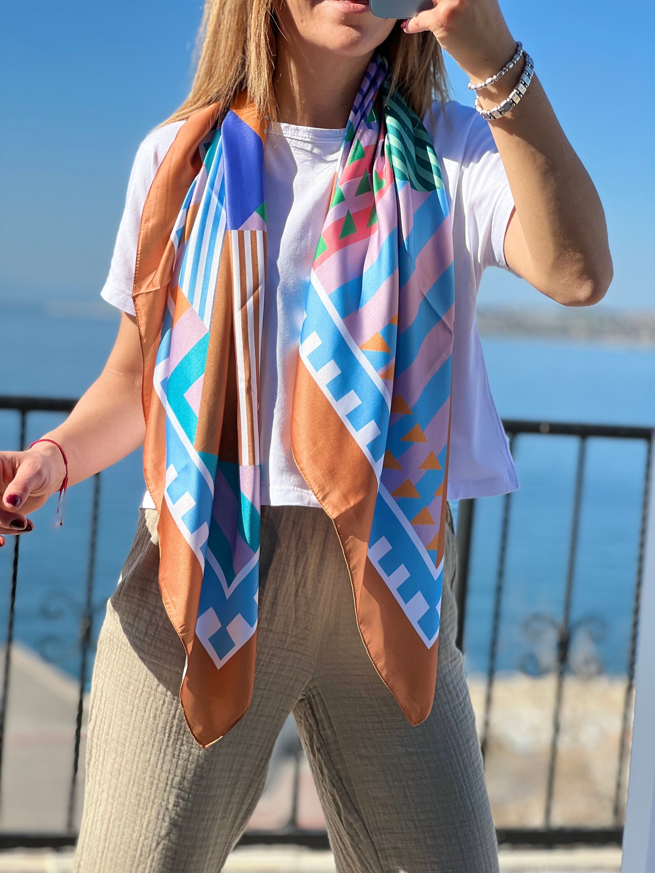Silk Satin Blend Spring Scarf, Perfect Gift for Women, Head Scarf, Light Blue Brown Neck Scarf, Satin Hair Scarf, Multicolor Satin Scarf