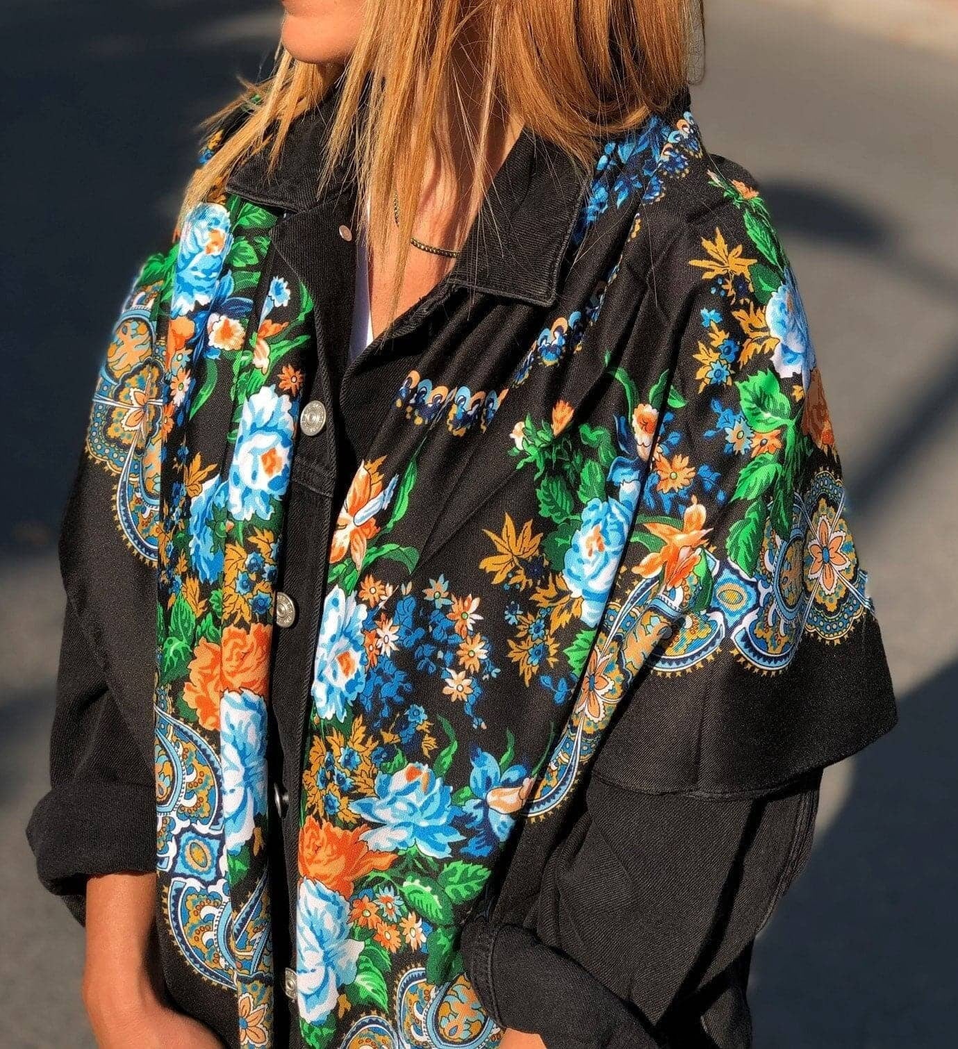 Elevate any outfit with this gorgeous black orange blue green floral scarf, made from soft cotton and the best gift for her.