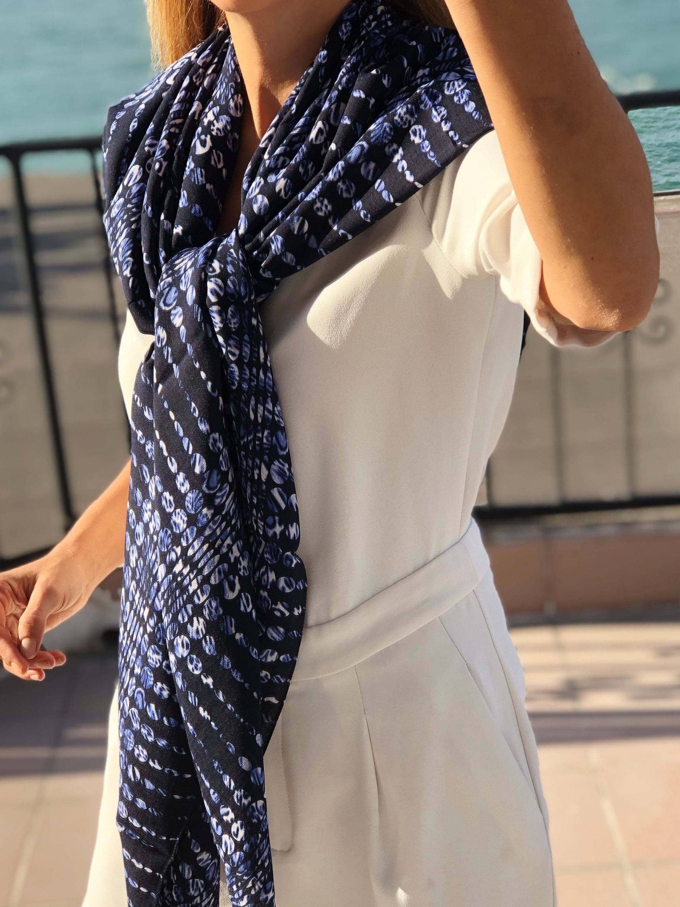 Stylish Dark Blue White Cotton Scarf - A versatile accessory that can be worn with a variety of outfits.