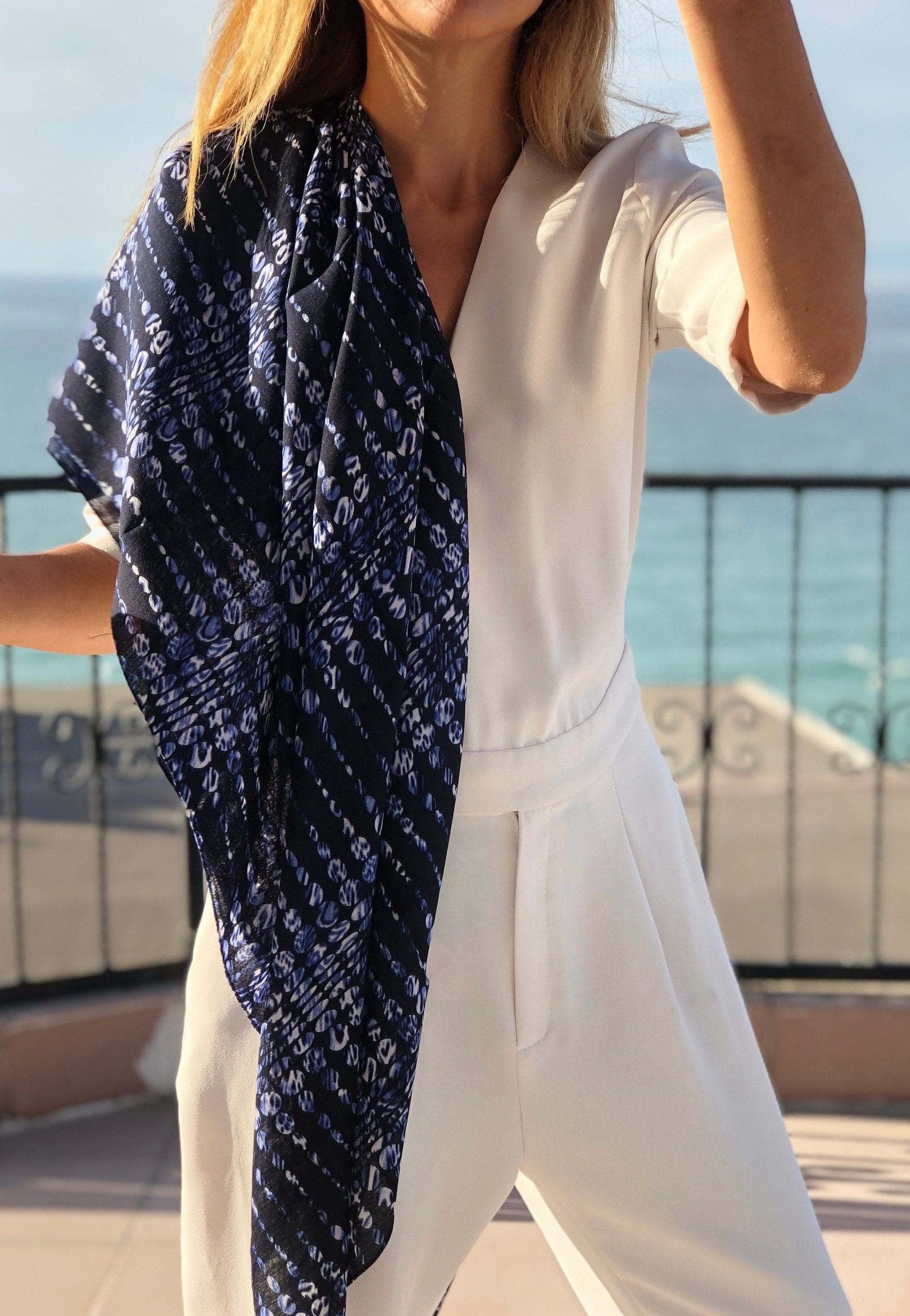 Versatile Dark Blue and White Scarf - Can be dressed up or down for any occasion.
