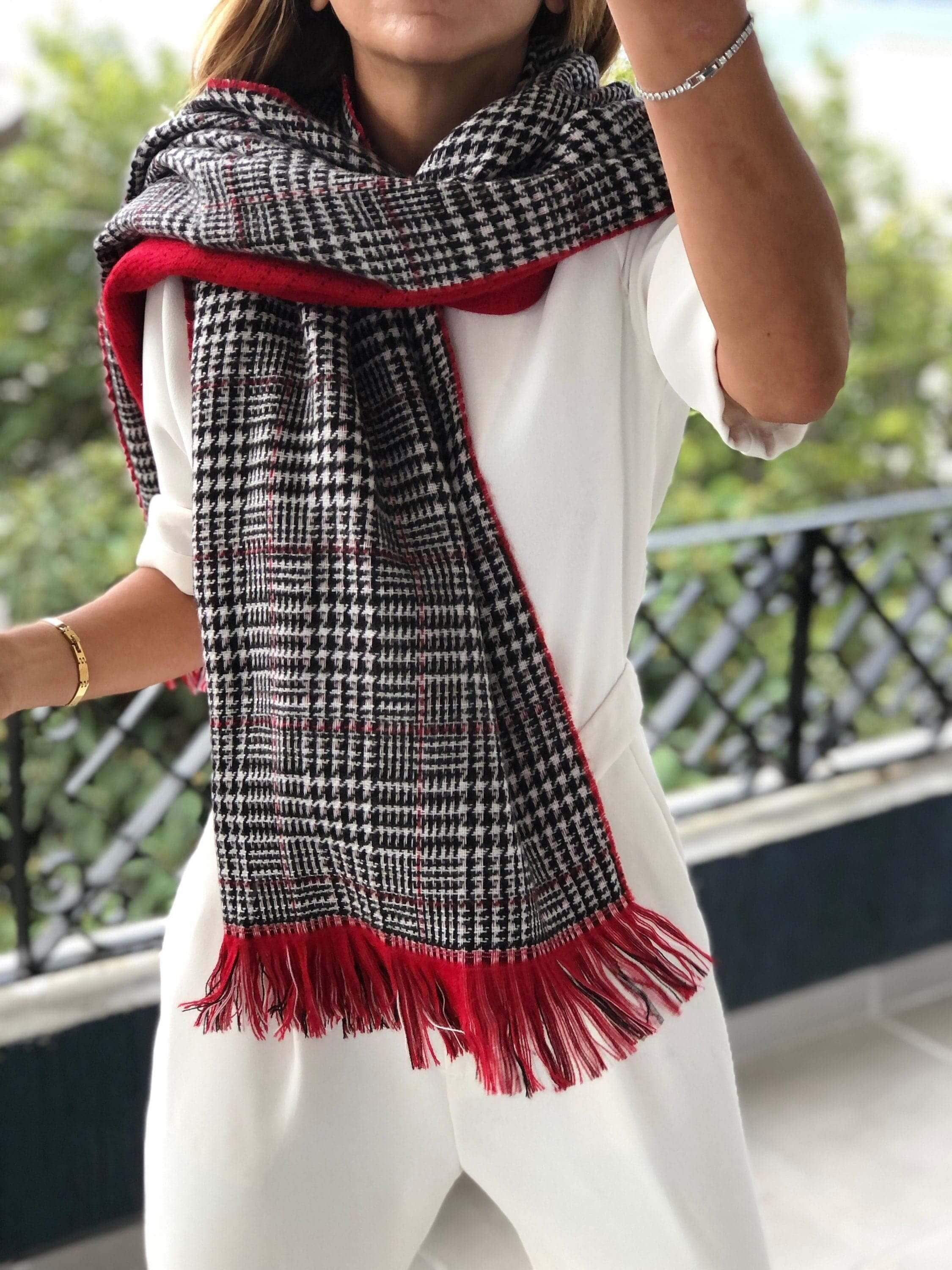 Long Wool Blend Reversible Knitwear Shawl, Reversible Wool, Pattern Shawl, Red White Black Color Reversible Shawl for Gift, Travel Scarf