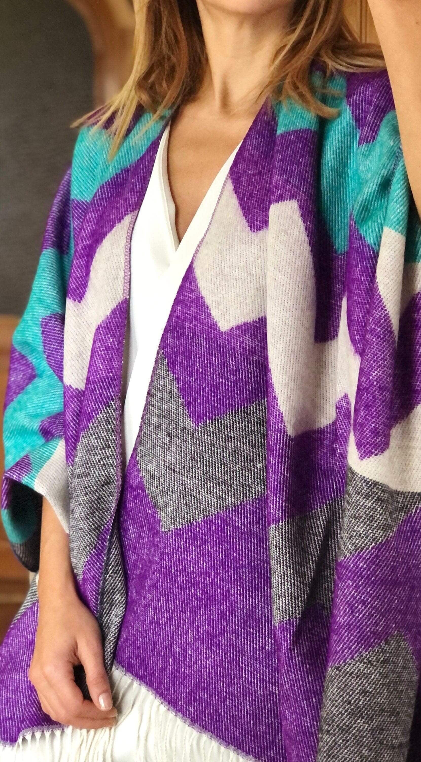 Gift for mum: Purple, gray, white, and blue wool blend poncho shawl