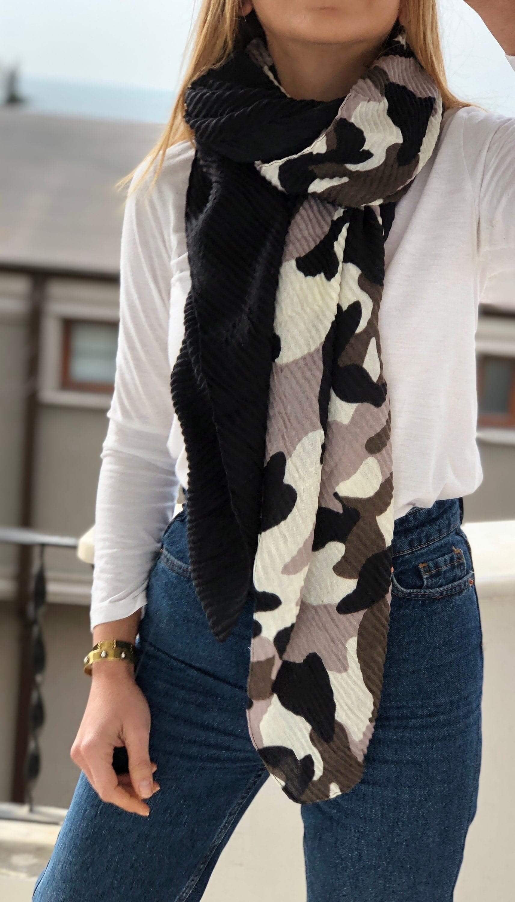 Versatile 100% cotton rectangle scarf in a trendy grey, black and white camouflage pattern.