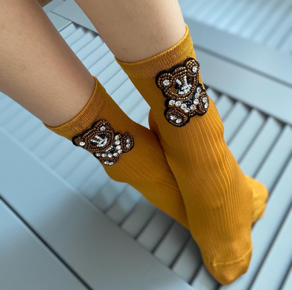 Bear stone embellished mustard yellow mesh cotton socks - handmade and trendy with sparkling brown crystals for a cute novelty look.