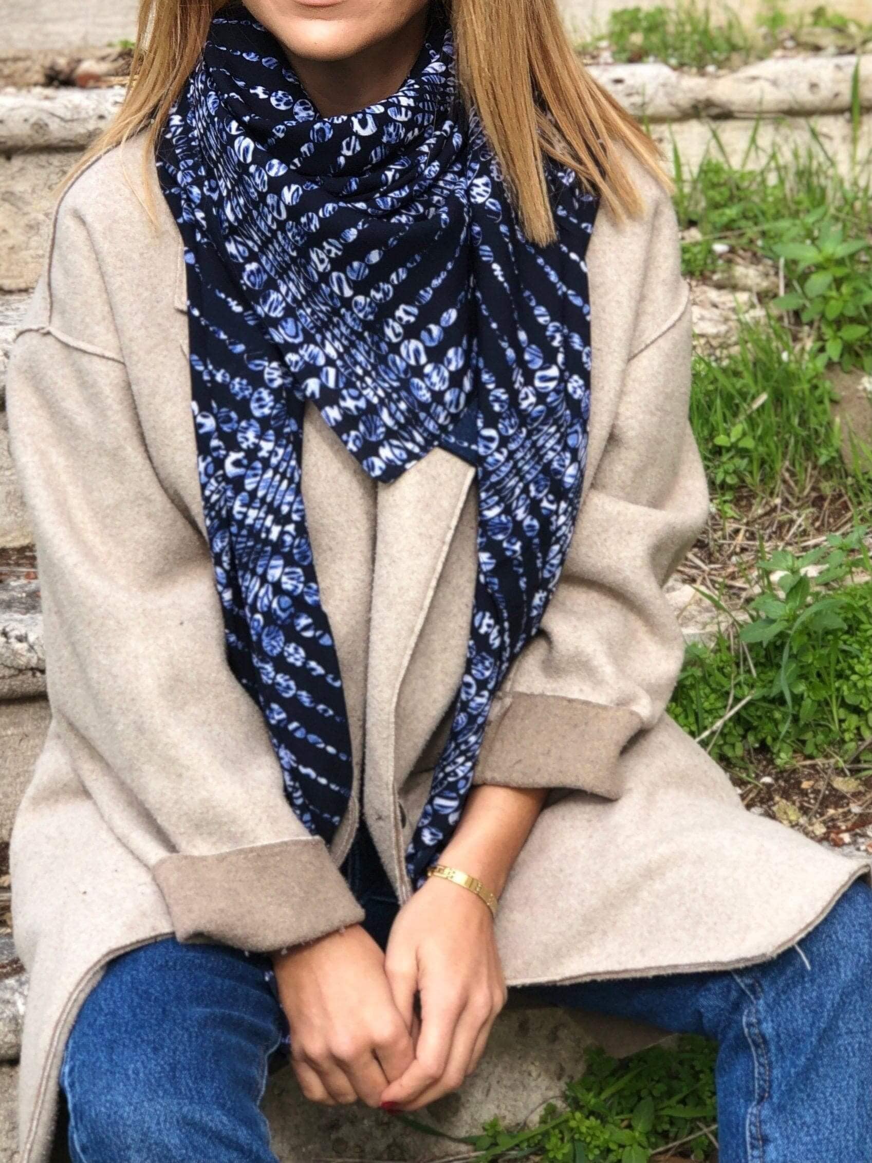 Cotton Large Square Navy Blue Scarf - Soft and cozy scarf perfect for chilly spring and autumn days.