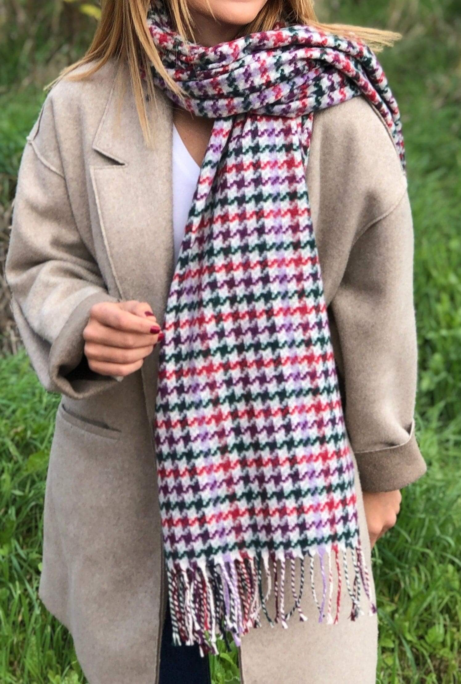 Stay warm and stylish with this Long Wool Striped Woven Shawl in purple, white, and green