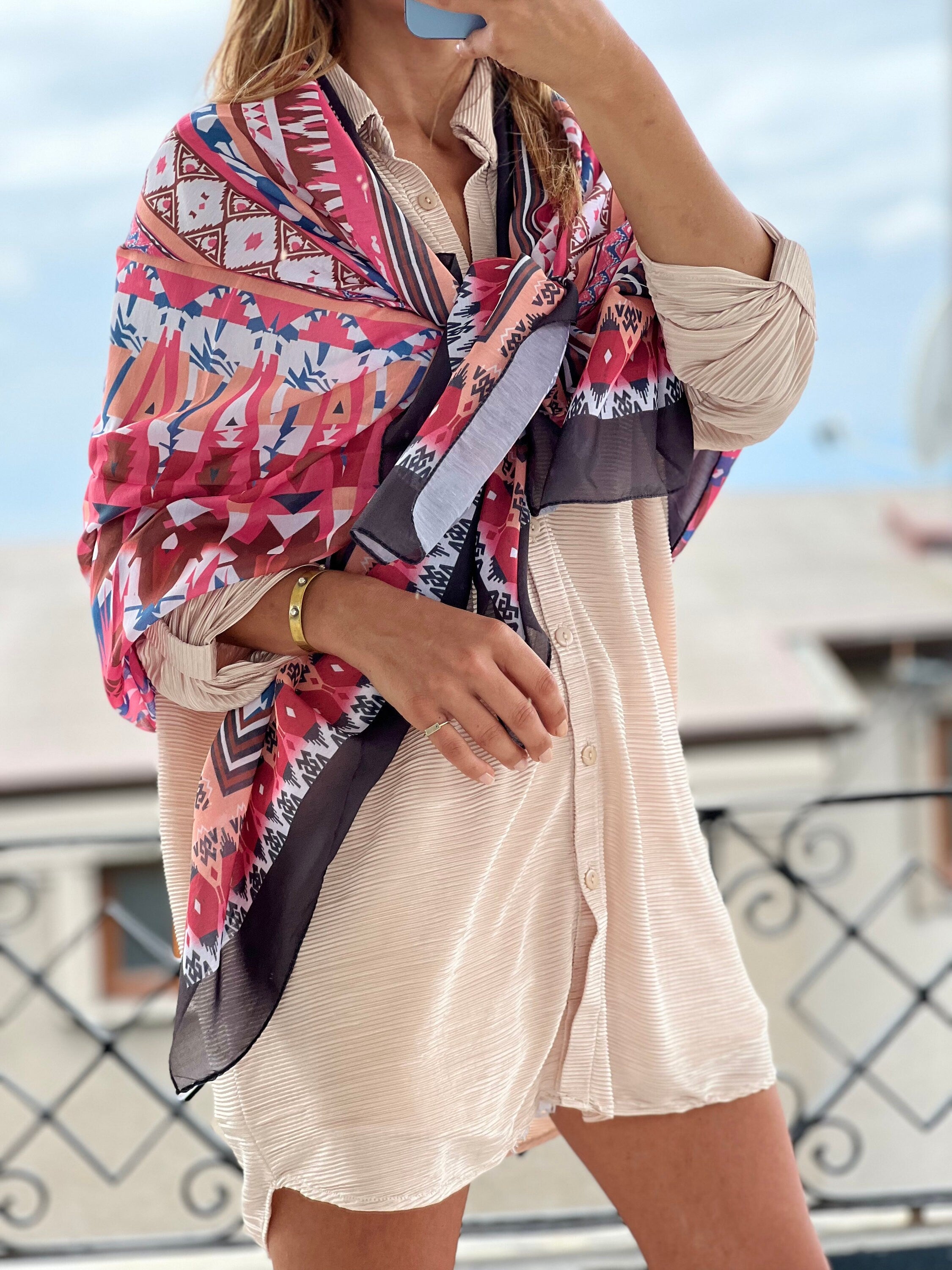 Stay cozy and fashionable with this Large Cotton-Viscose blend voile scarf in a bold pink, green, and black color scheme. Ideal for all seasons, this scarf features a unique and authentic pattern that adds a touch of sophistication to any outfit.