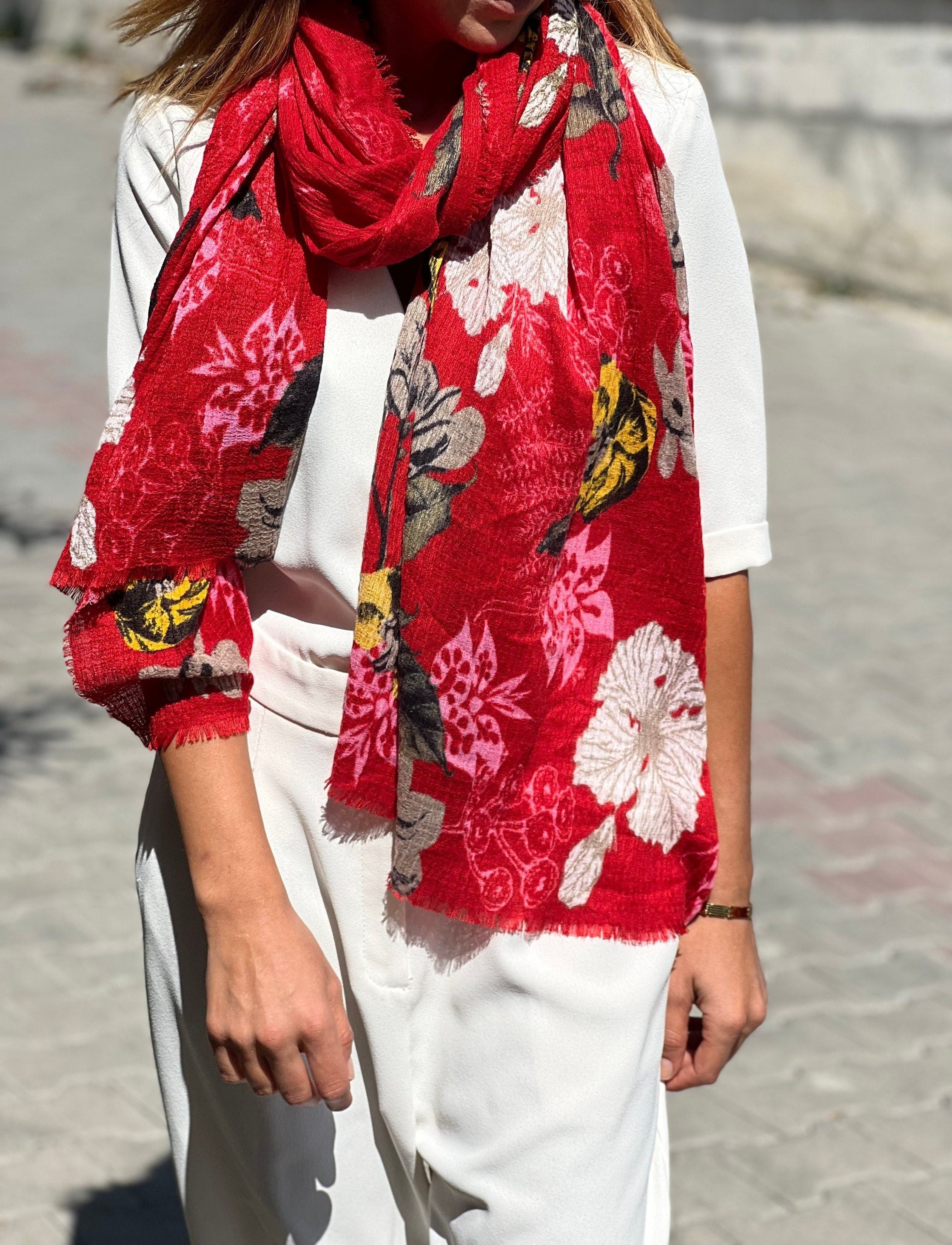 Make a statement with this gorgeous 100% Cotton Bright Red Floral Scarf!