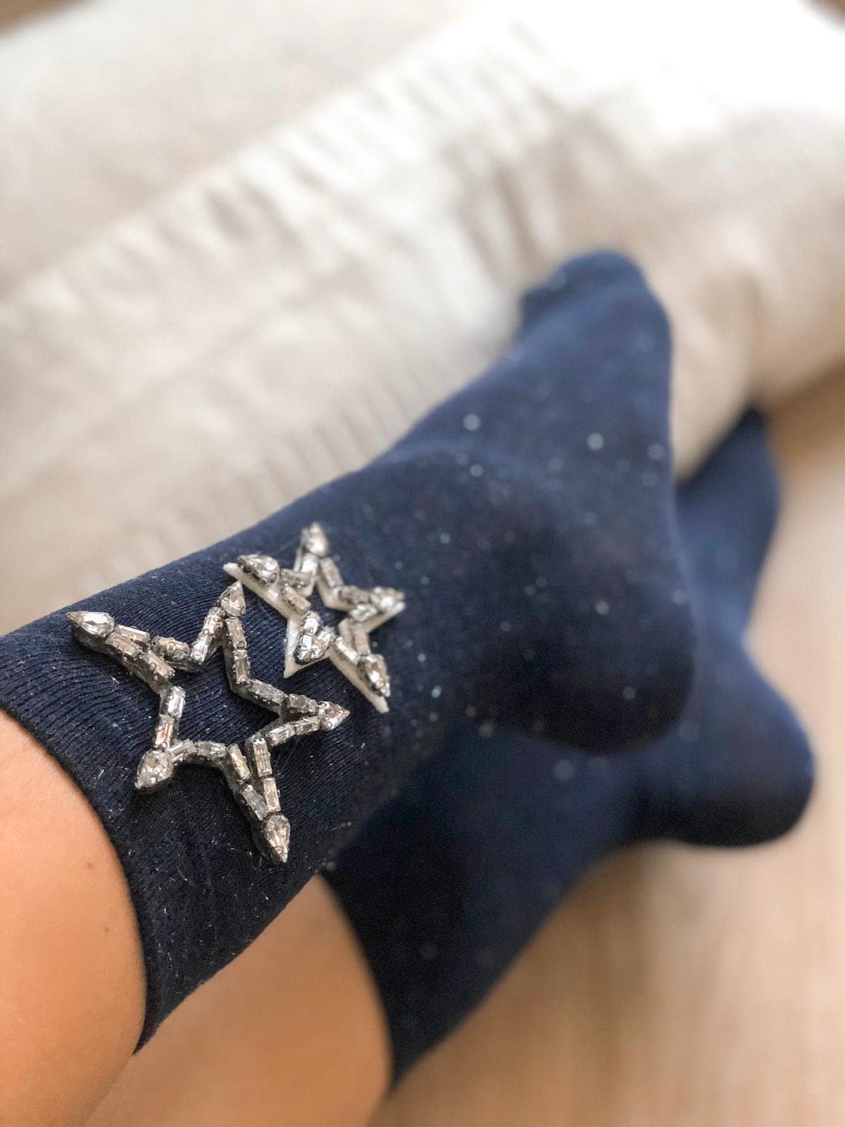 Add a touch of sparkle to your everyday look with these blue cotton handmade socks featuring 2 star-shaped patches and rhinestones, perfect for a special day or any day.