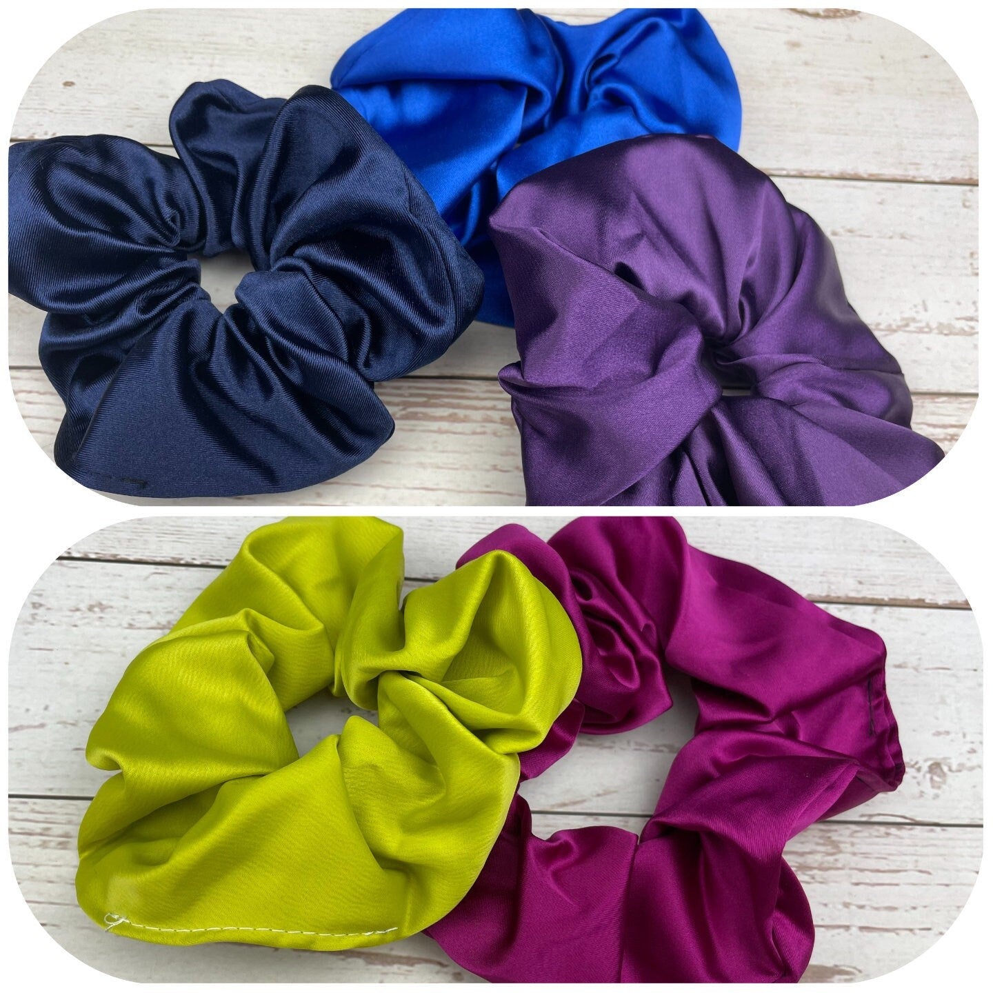 Elevate your hair game with these handmade satin scrunchies with bows! Available in vibrant colors like Parliament blue, purple, dark blue, green, and fuchsia, these scrunchies will add a pop of color to any hairstyle.
