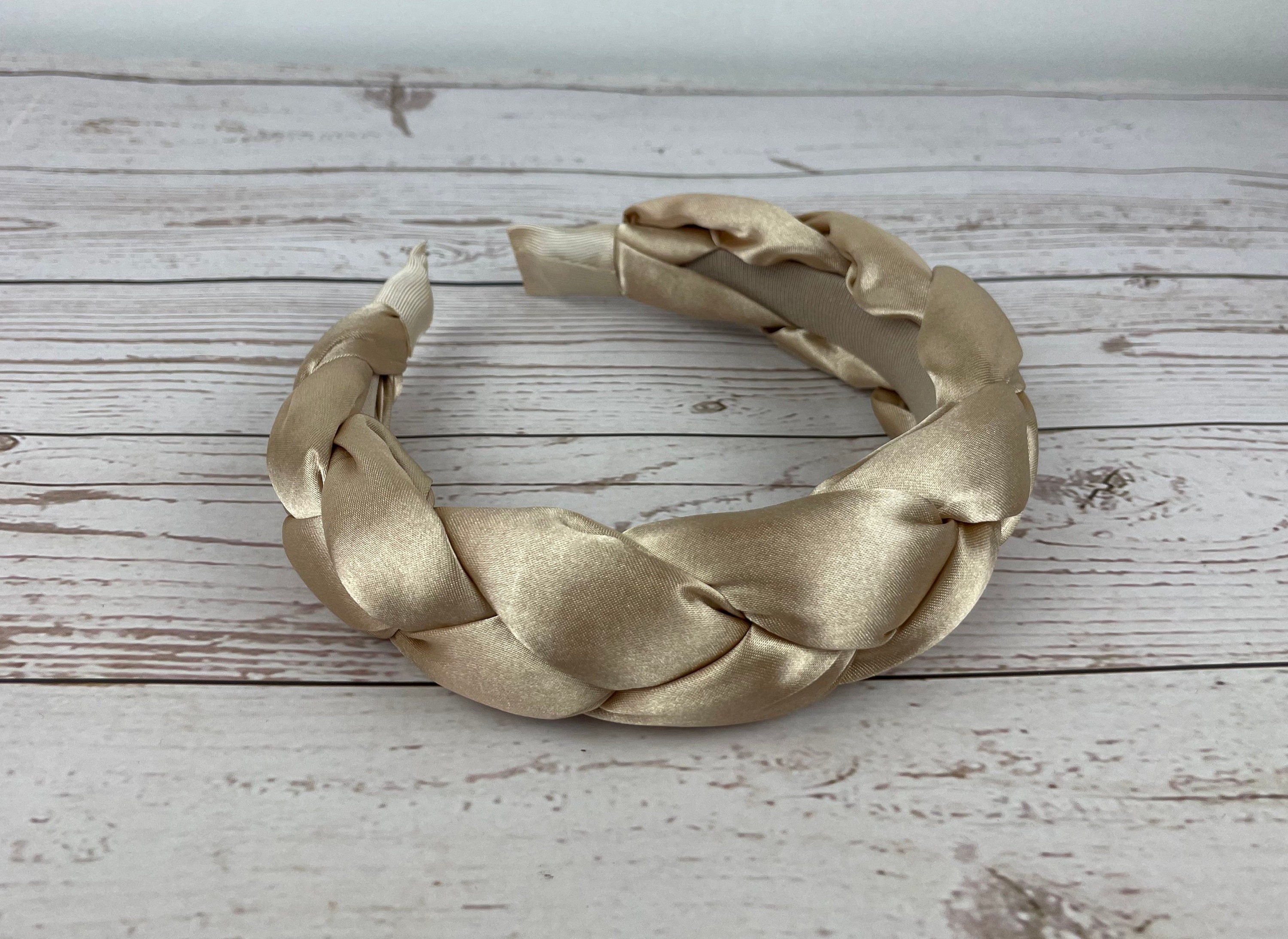 Gorgeous dark beige satin braided headband with padded design, ideal for any stylish look