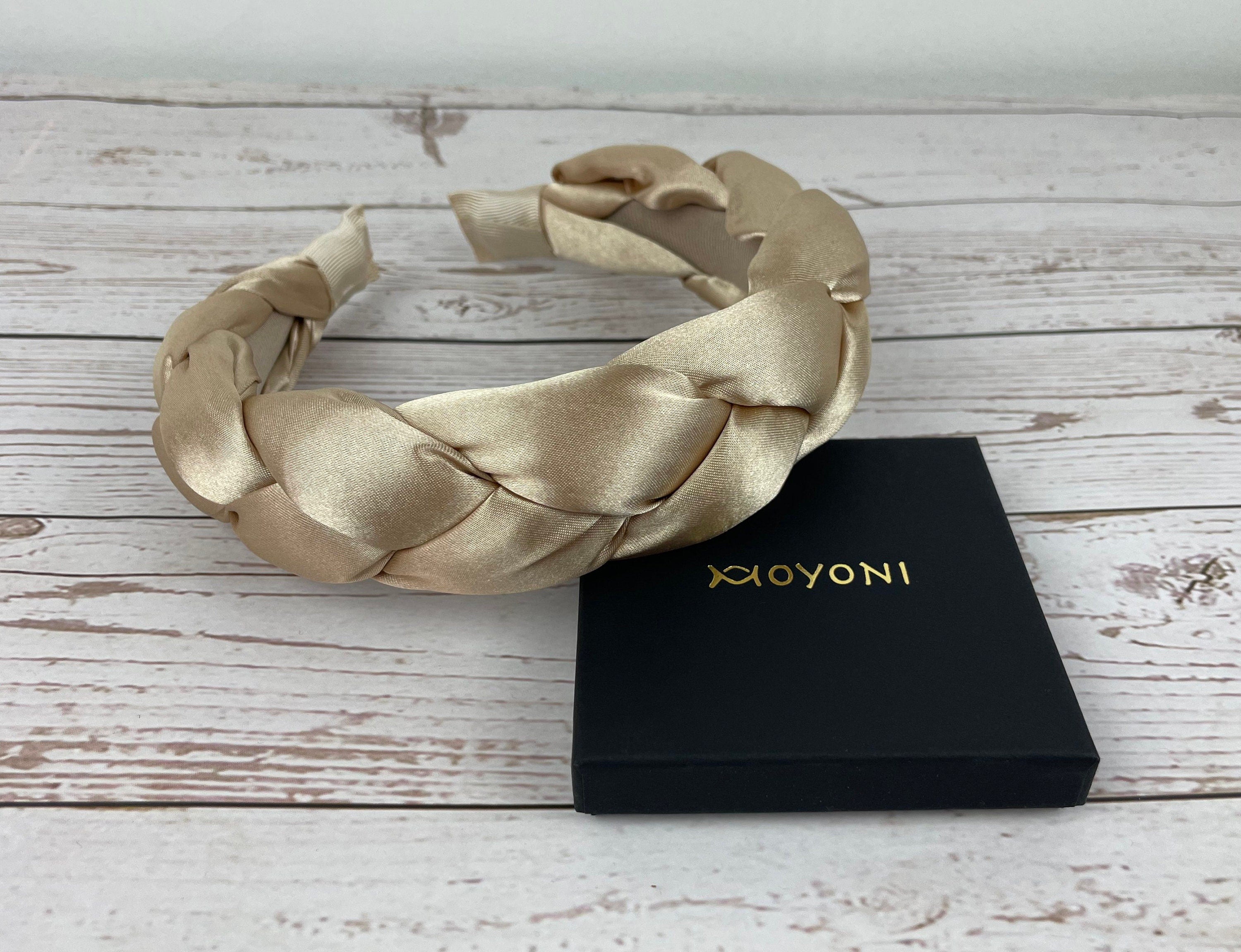 Stylish dark beige satin braided headband with padded, perfect for a touch of elegance