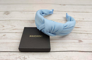 Exquisite Light Blue Twist Knot Headband - Classic Women's Hairband in Bright Fashionable Color - Viscose Crepe Padded for Comfort available at Moyoni Design