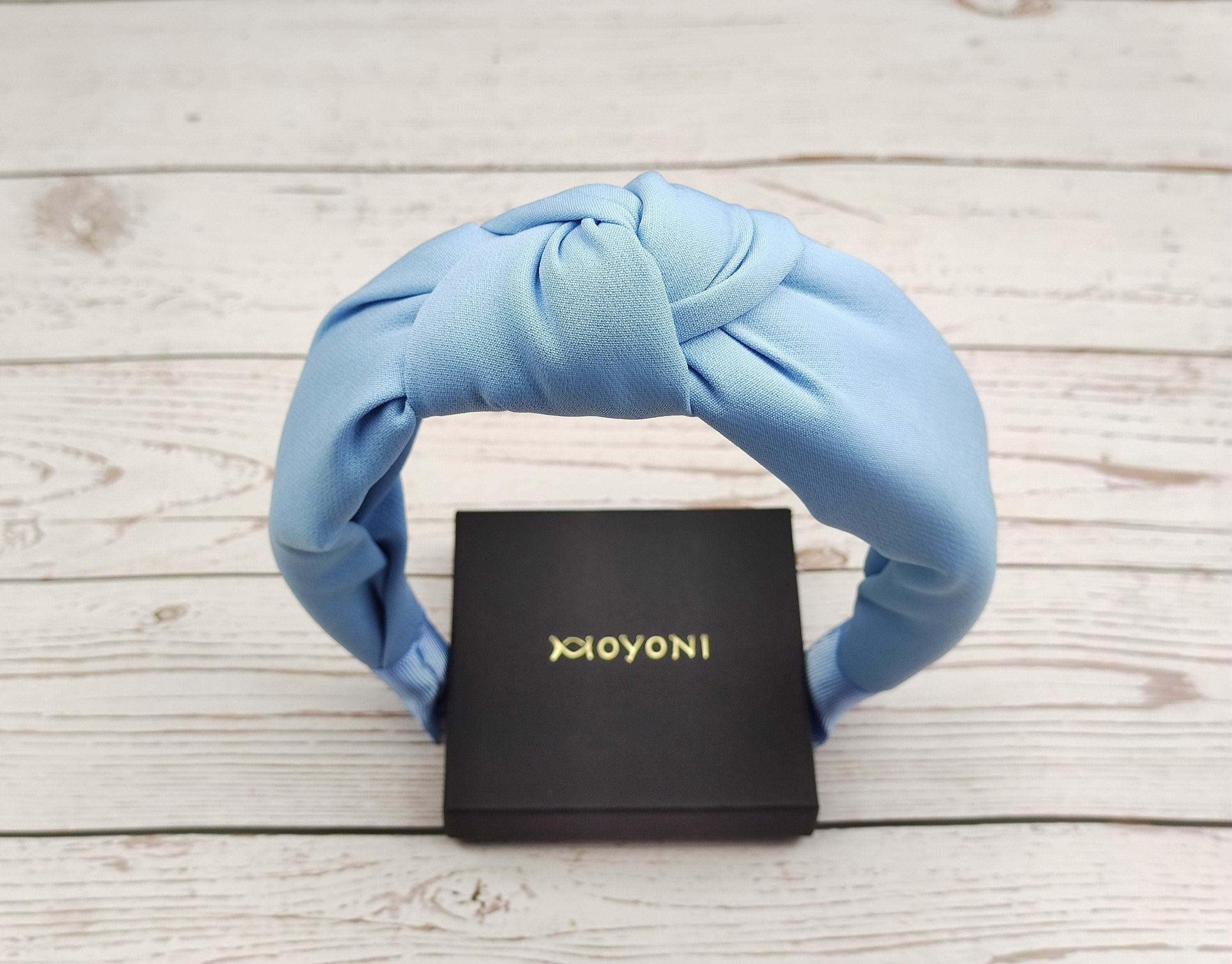 Handcrafted Light Blue Twist Knot Headband - Classic Women's Hairband in Bright Fashionable Color - Viscose Crepe Padded for Comfort available at Moyoni Design