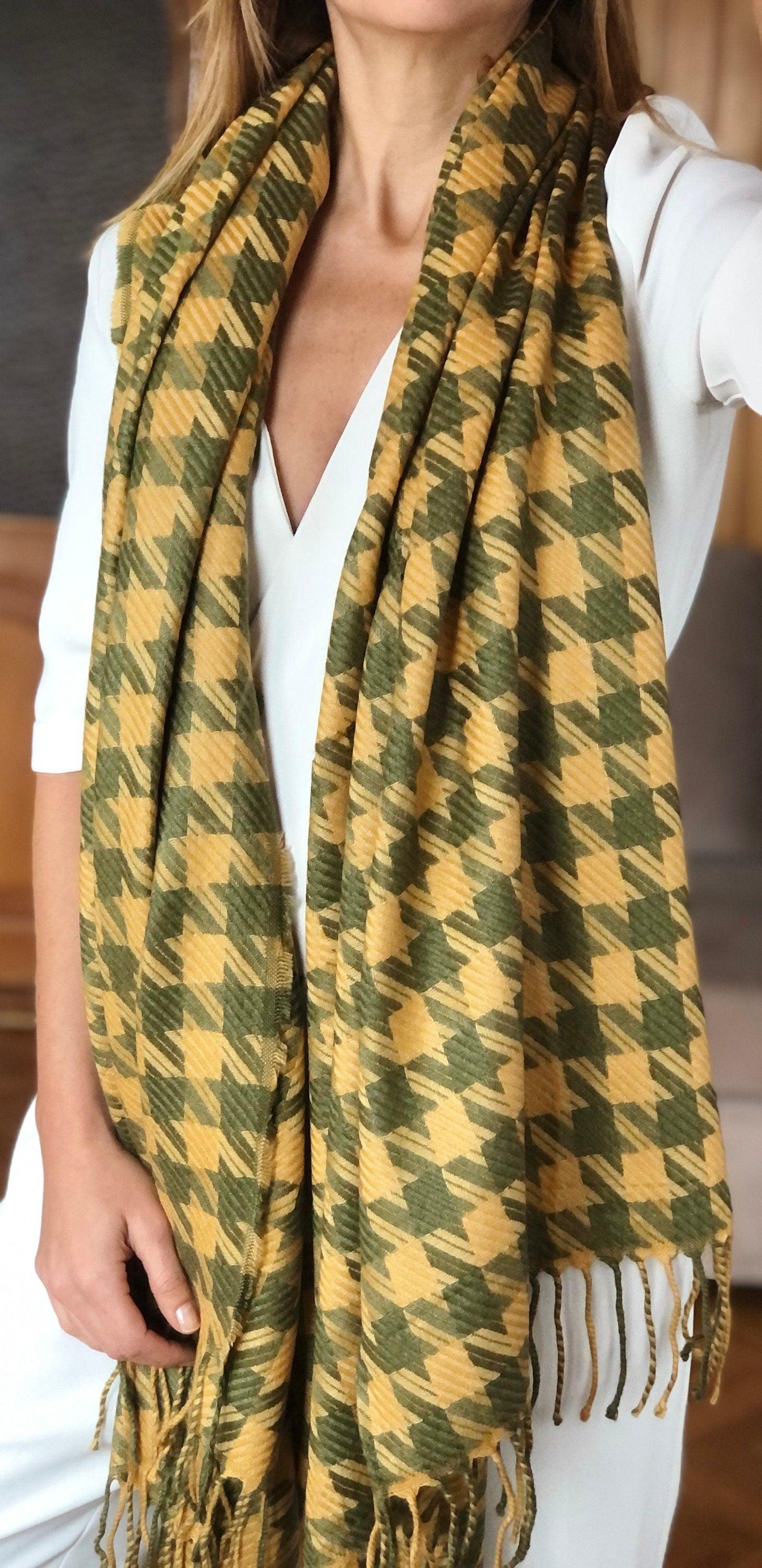 Charming Long Wool Acrylic Cotton Pattern Shawl in Yellow Khaki Green - Travel in Style with this Warm Scarf for Women available at Moyoni Design