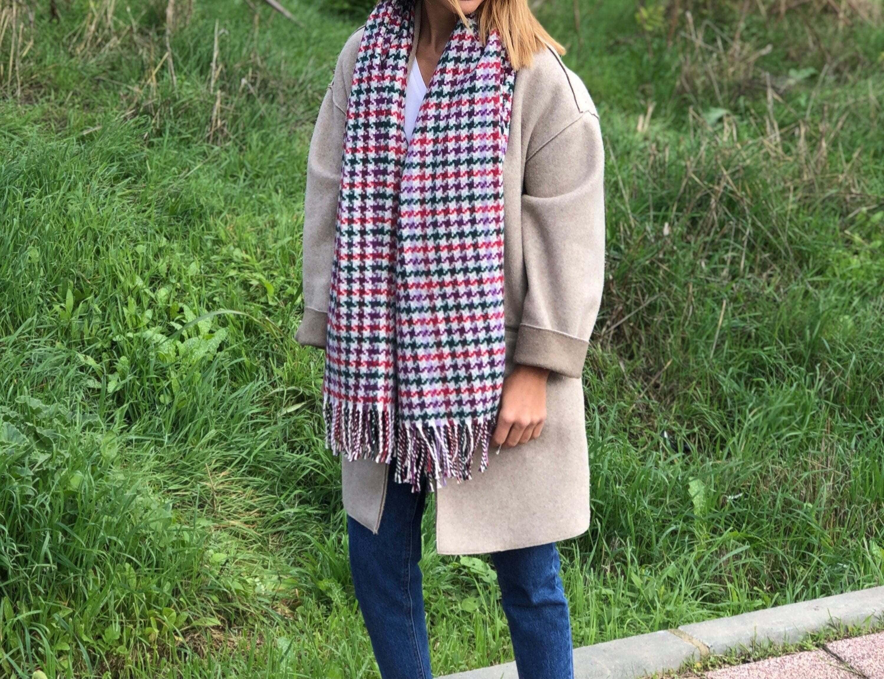 High-Quality Long Wool Striped Woven Shawl in Purple, White, and Green - Stylish Autumn/Winter Scarf and Blanket for Women available at Moyoni Design