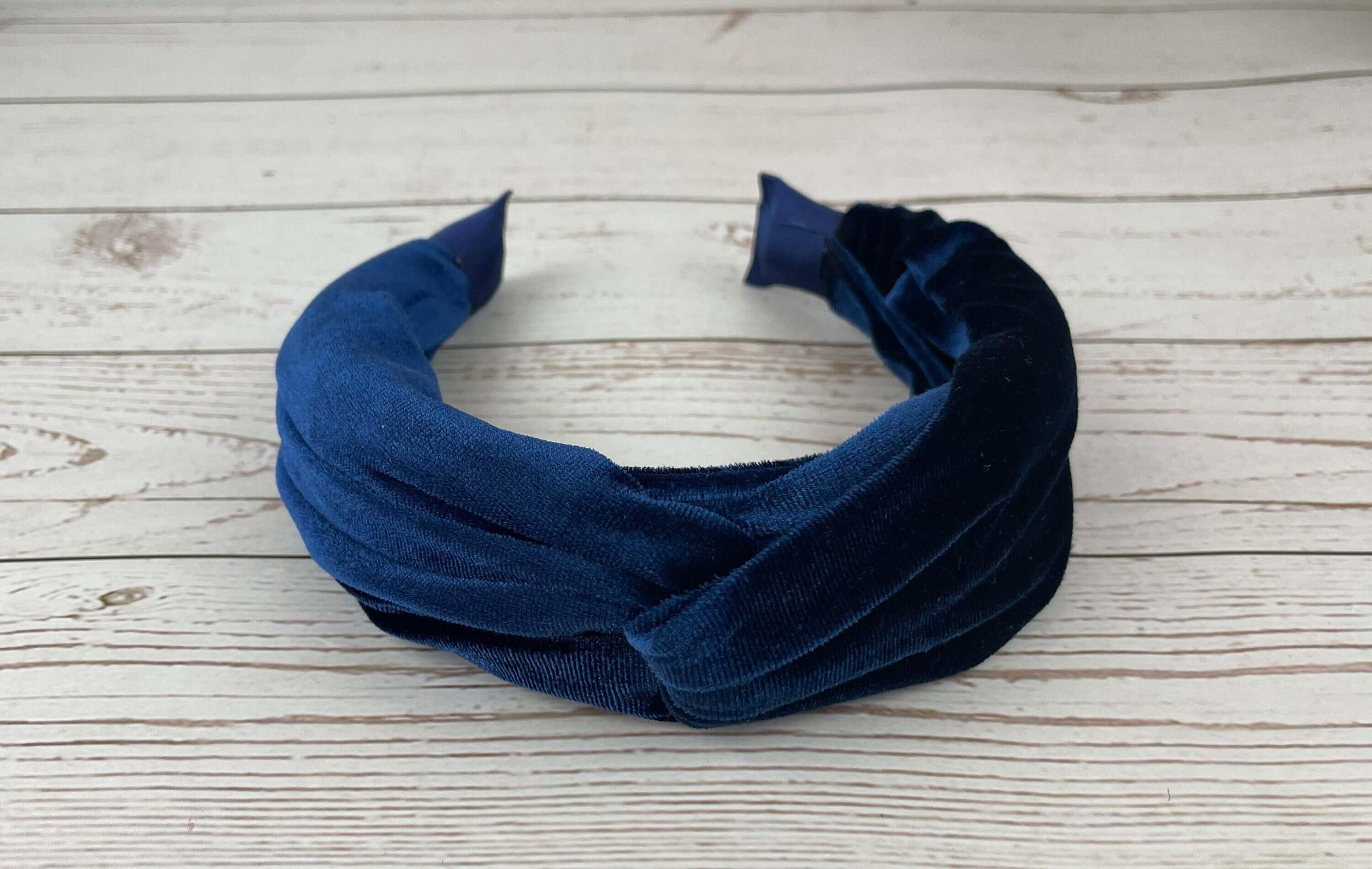 Stylish Parliament Blue Knotted Velvet Headband - Handmade Dark Navy Hairband for Women, Fashionable and Comfortable Accessory without Padding available at Moyoni Design