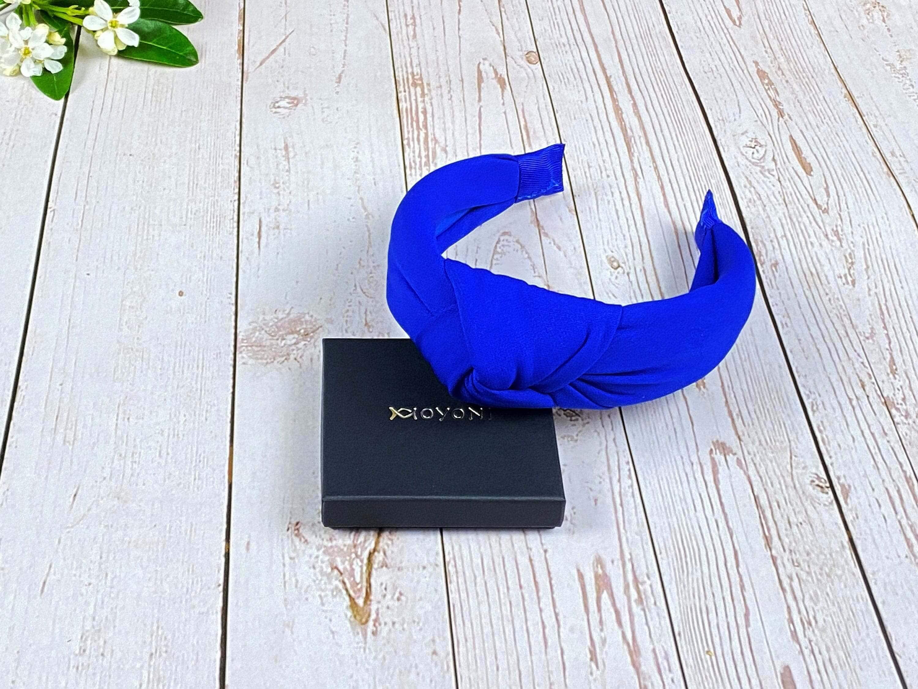 Unique Parliament Blue Twist Knot Headband, Women Classic Headband, Blue Elegant Headband, Fashionable Hairband, Viscose Crepe Padded Hairband available at Moyoni Design