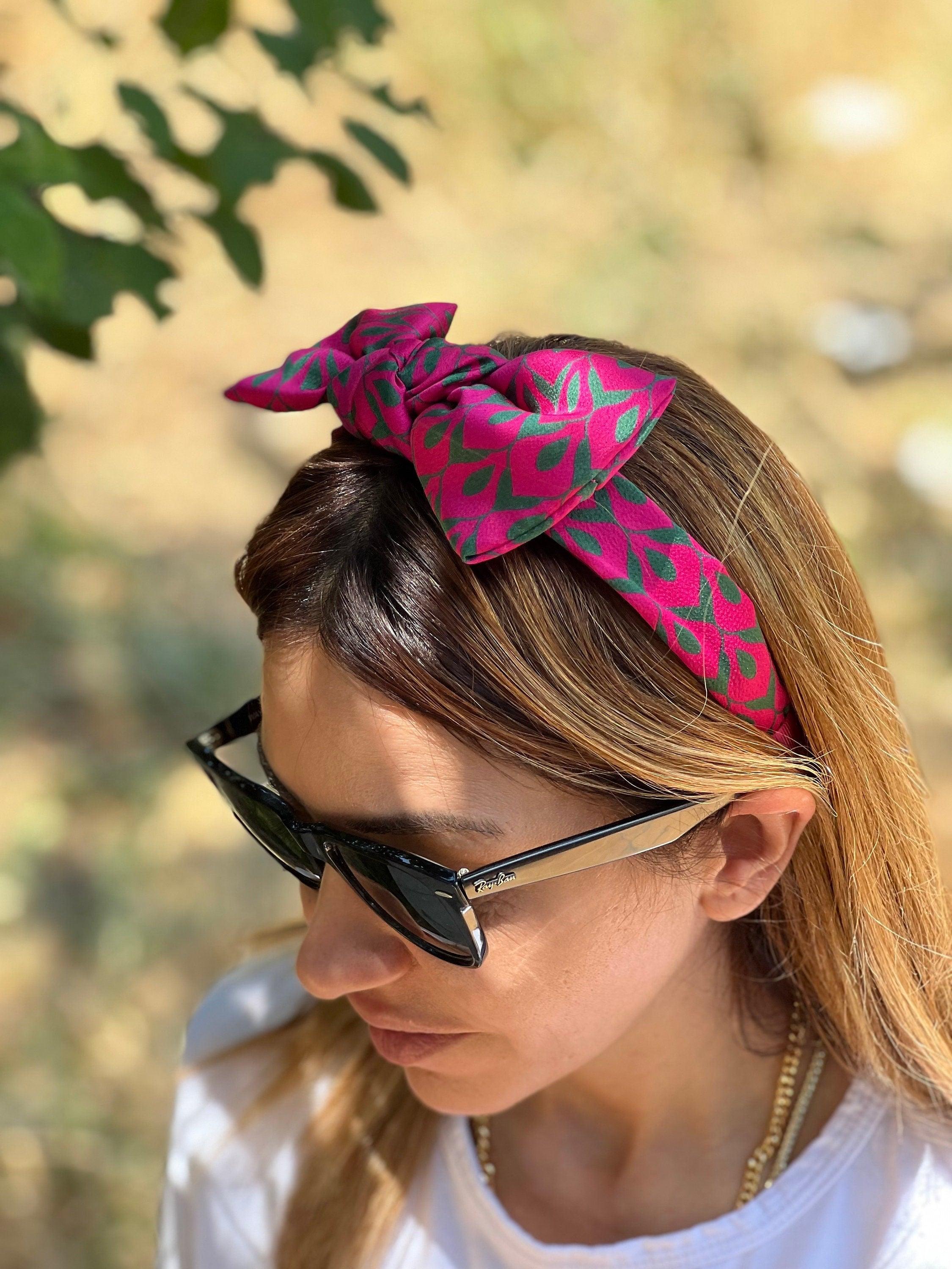 Delicate Silk Bow Headband in Pink and Green: Hair Tie for Women and Girls, Dark Pink Patterned Turban Hairband without Padding available at Moyoni Design