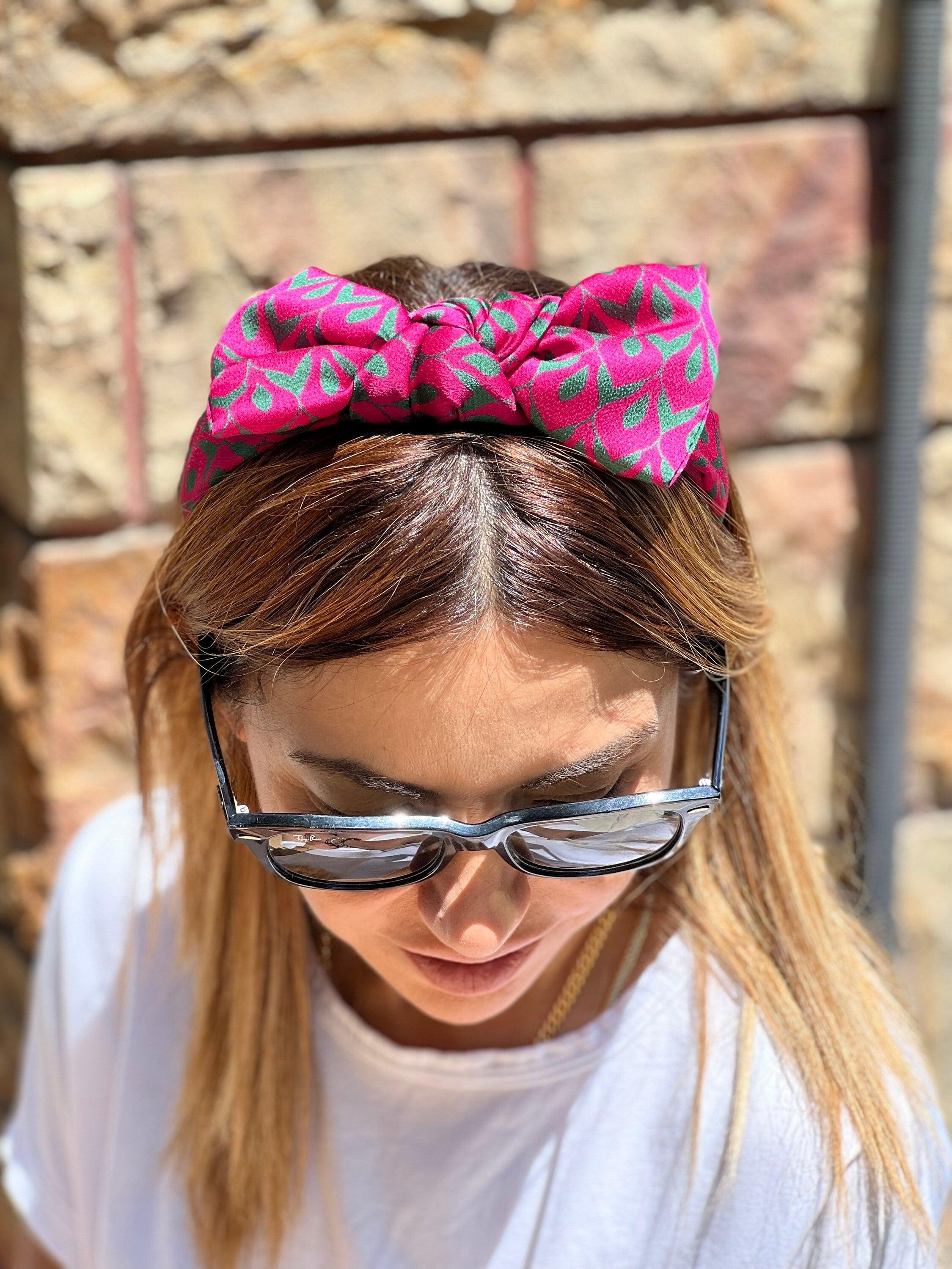 Elegant Silk Bow Headband in Pink and Green: Hair Tie for Women and Girls, Dark Pink Patterned Turban Hairband without Padding available at Moyoni Design
