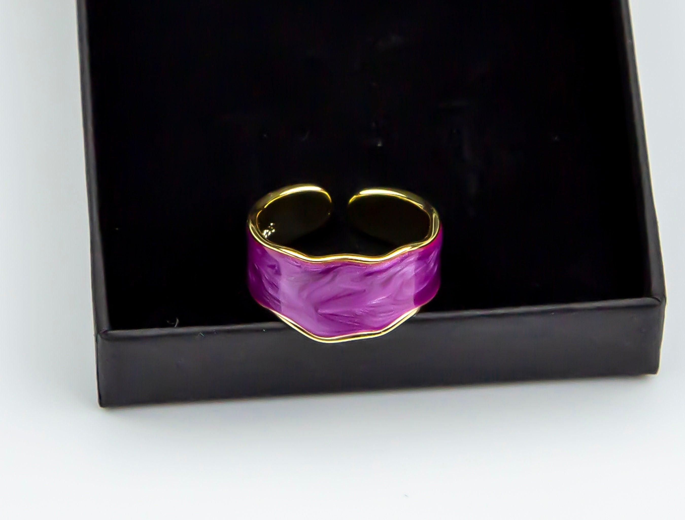 Stylish Silver Enamel Adjustable Ring, Luxury Ring, Gold Plated Purple Enamel Ring, Retro Irregular Edged Color Enamel Ring, Women Trending Ring available at Moyoni Design