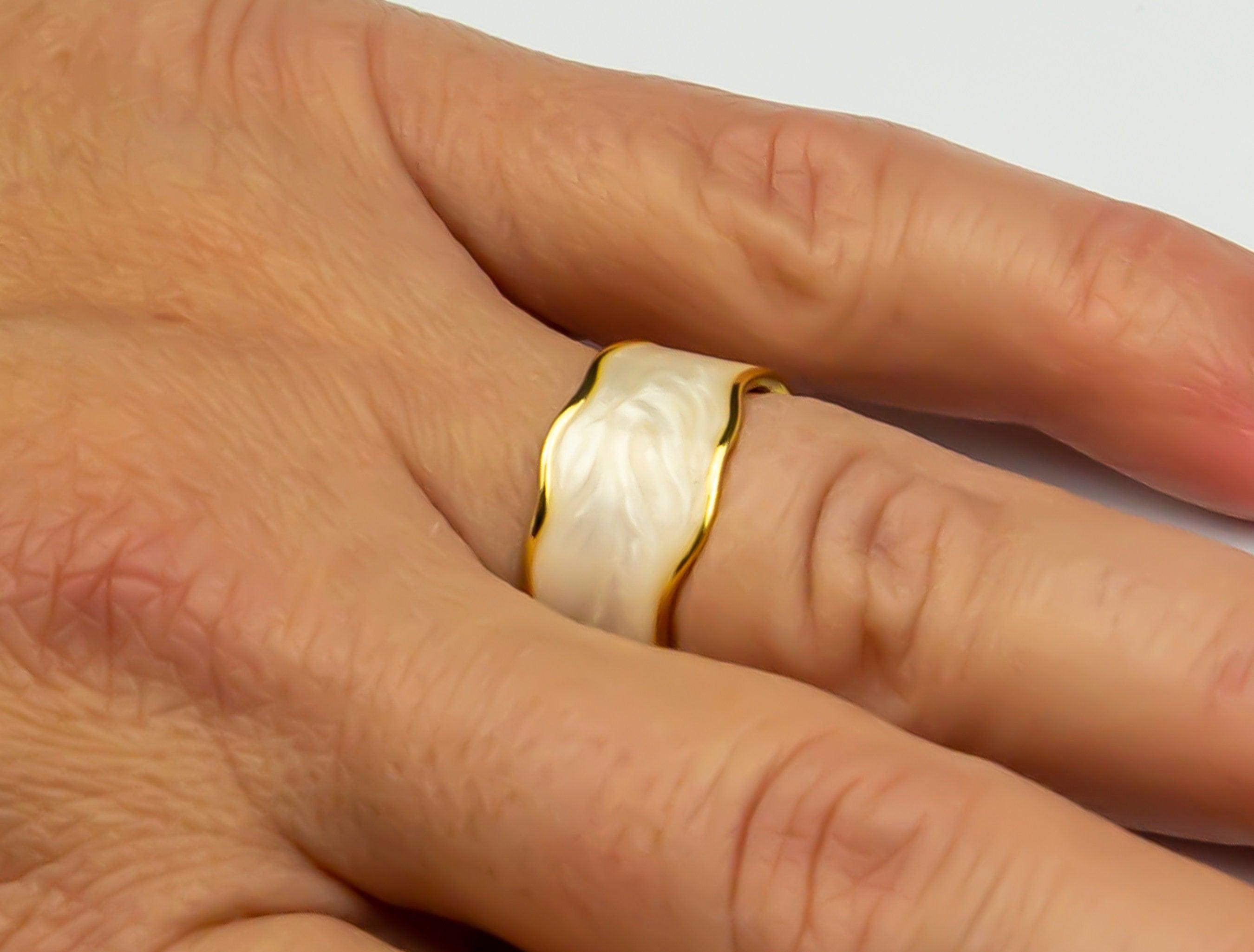 Elegant Stackable Adjustable Ring, Luxury Ring, Gold Plated White Enamel Ring, Retro Irregular Edged Color Enamel Ring, Women Trending Ring available at Moyoni Design