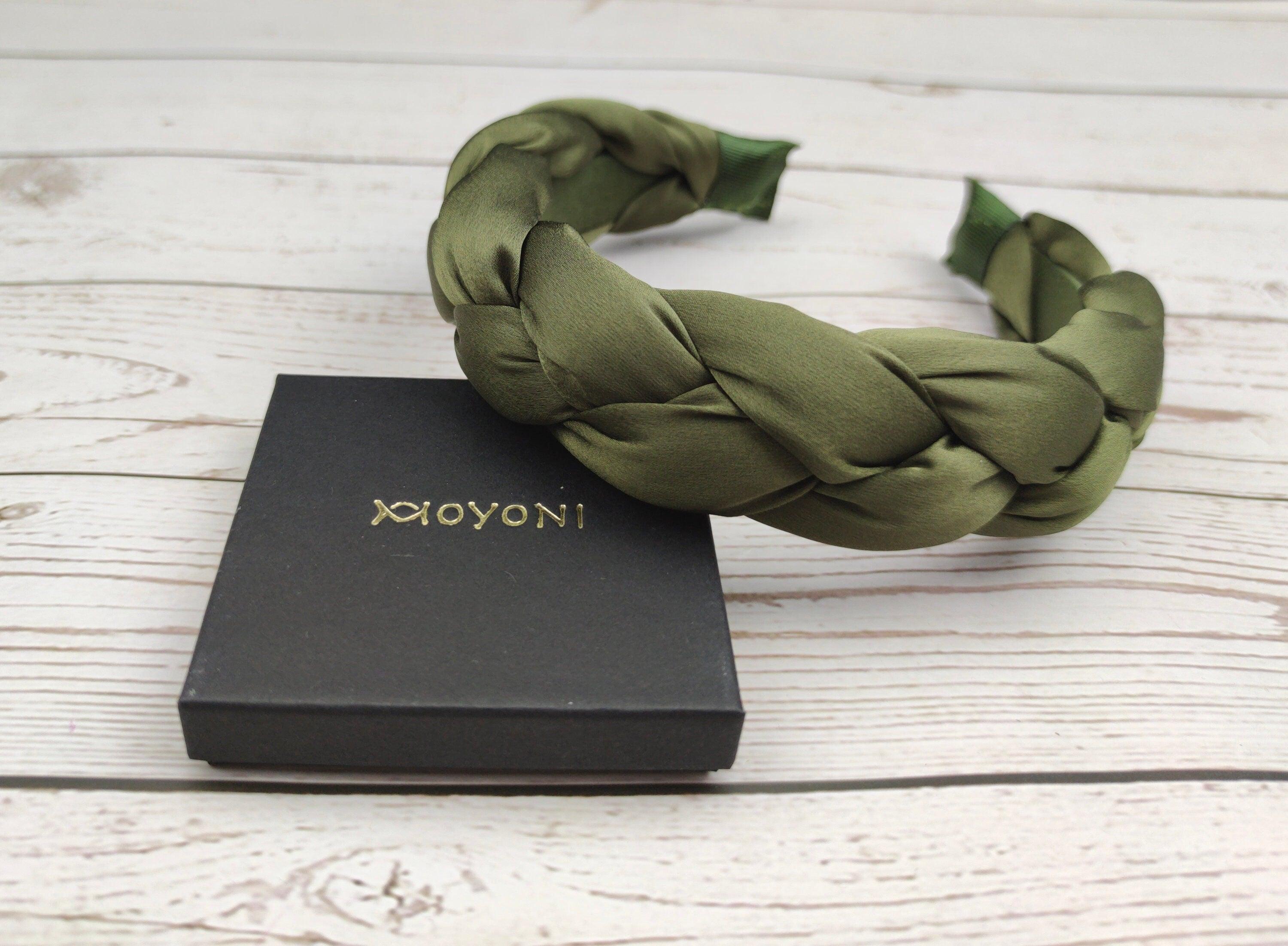 Luxurious Stylish Army Green Padded Satin Headband - Twisted Women's Fashion Accessory - Braided Girl's Hairband - Pea Green Knotted Turban available at Moyoni Design