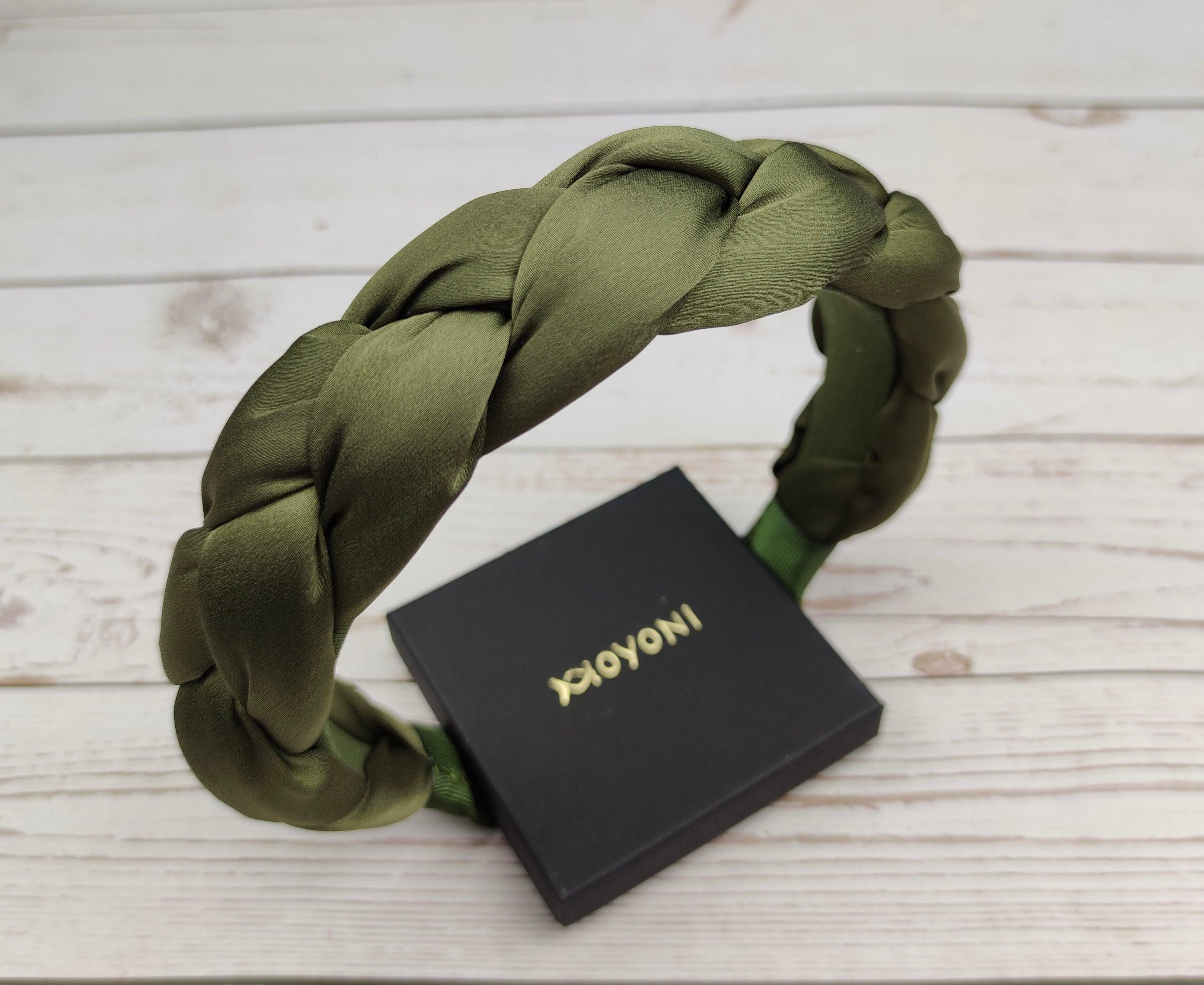 Premium Stylish Army Green Padded Satin Headband - Twisted Women's Fashion Accessory - Braided Girl's Hairband - Pea Green Knotted Turban available at Moyoni Design