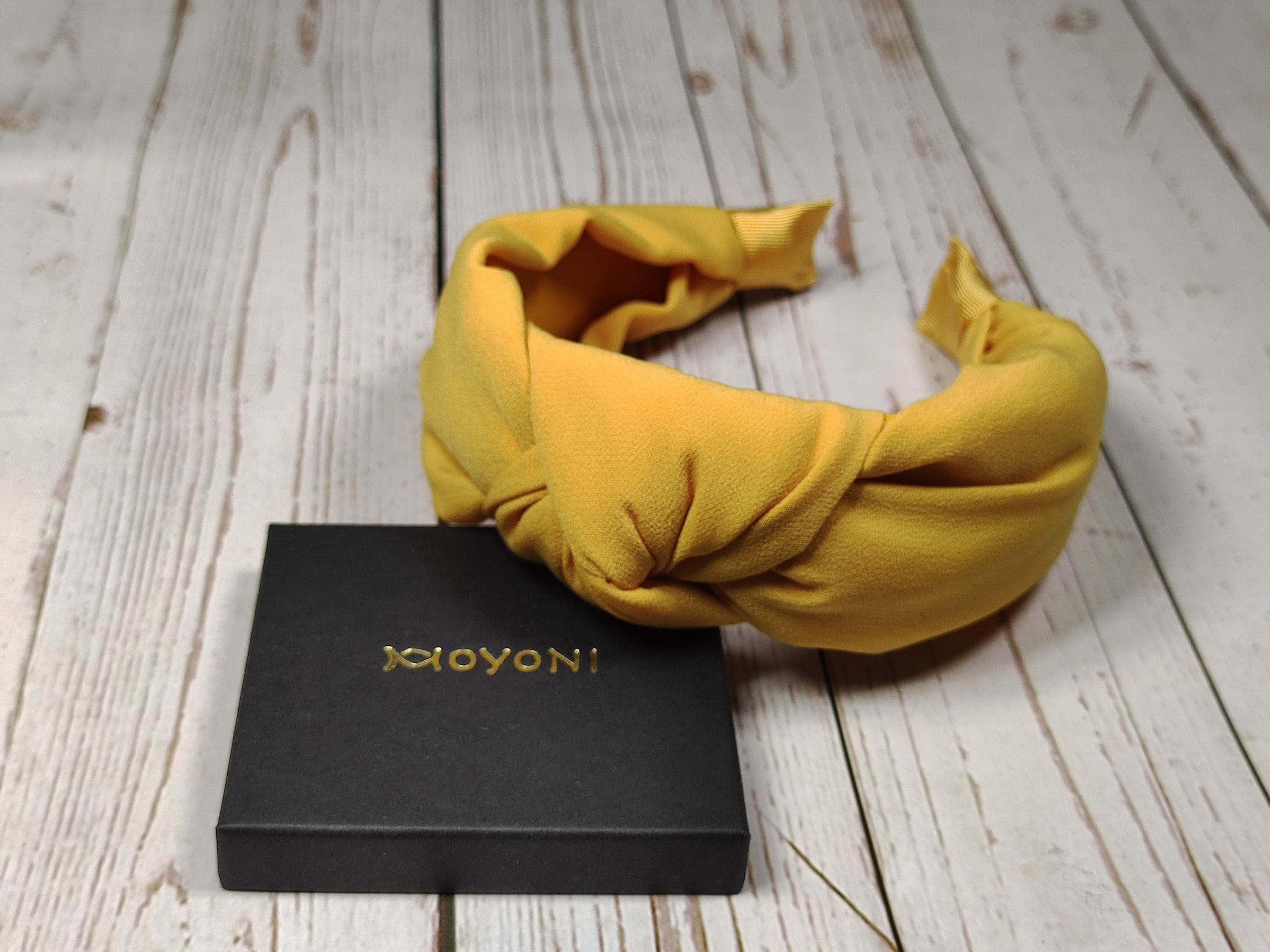 Premium Stylish Lemon Yellow Knotted Headband - Wide Classic Hairband for Women with Light Yellow Viscose Crepe and Padded Design available at Moyoni Design