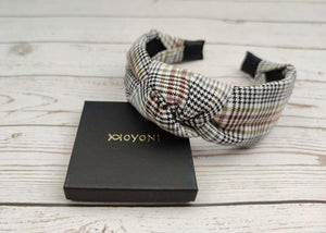 Beautiful White and Black Crepe Knotted Headband - Casual Fashion Houndstooth Hairband for College with Yellow Brown Striped Accents available at Moyoni Design