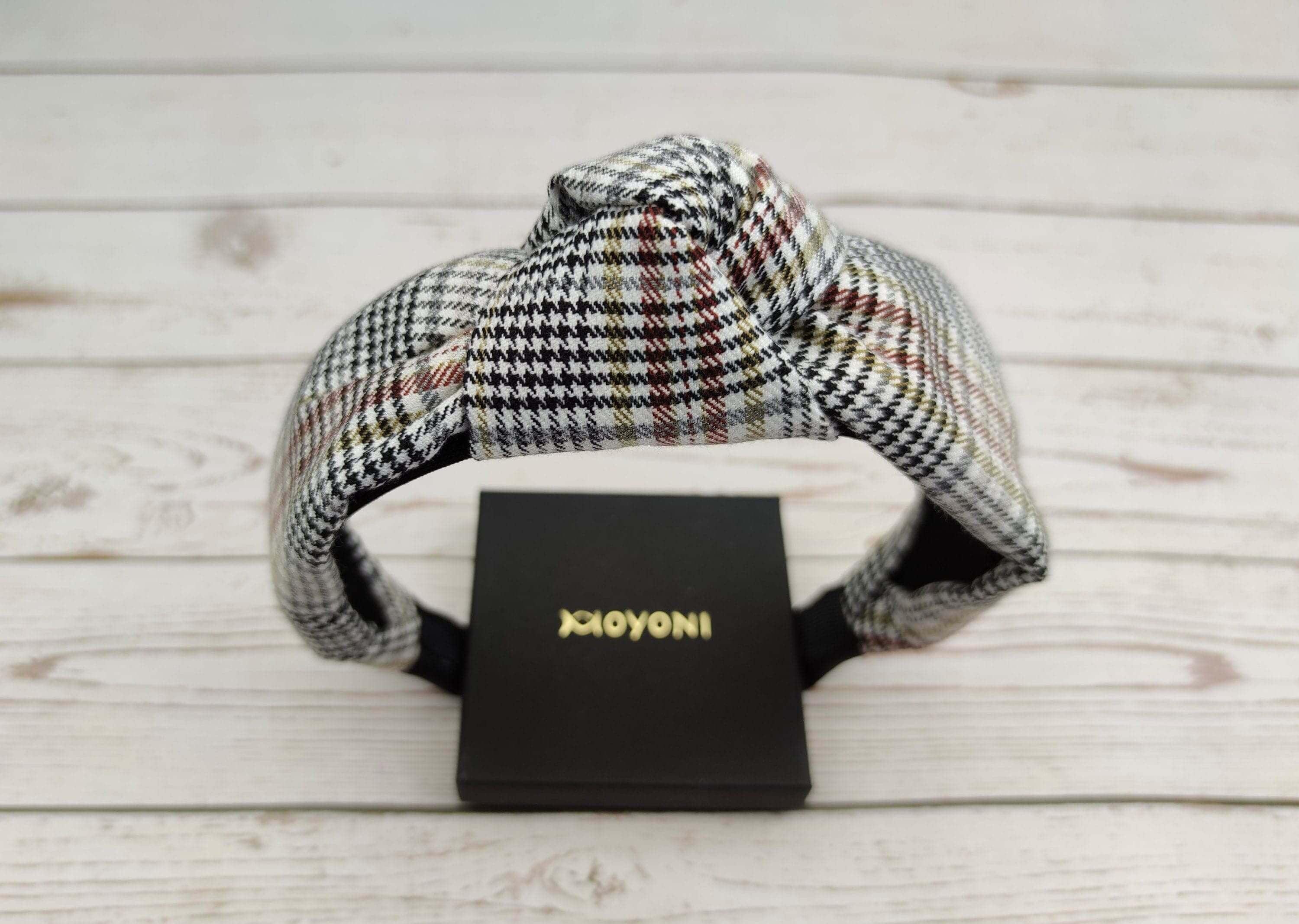Premium White and Black Crepe Knotted Headband - Casual Fashion Houndstooth Hairband for College with Yellow Brown Striped Accents available at Moyoni Design