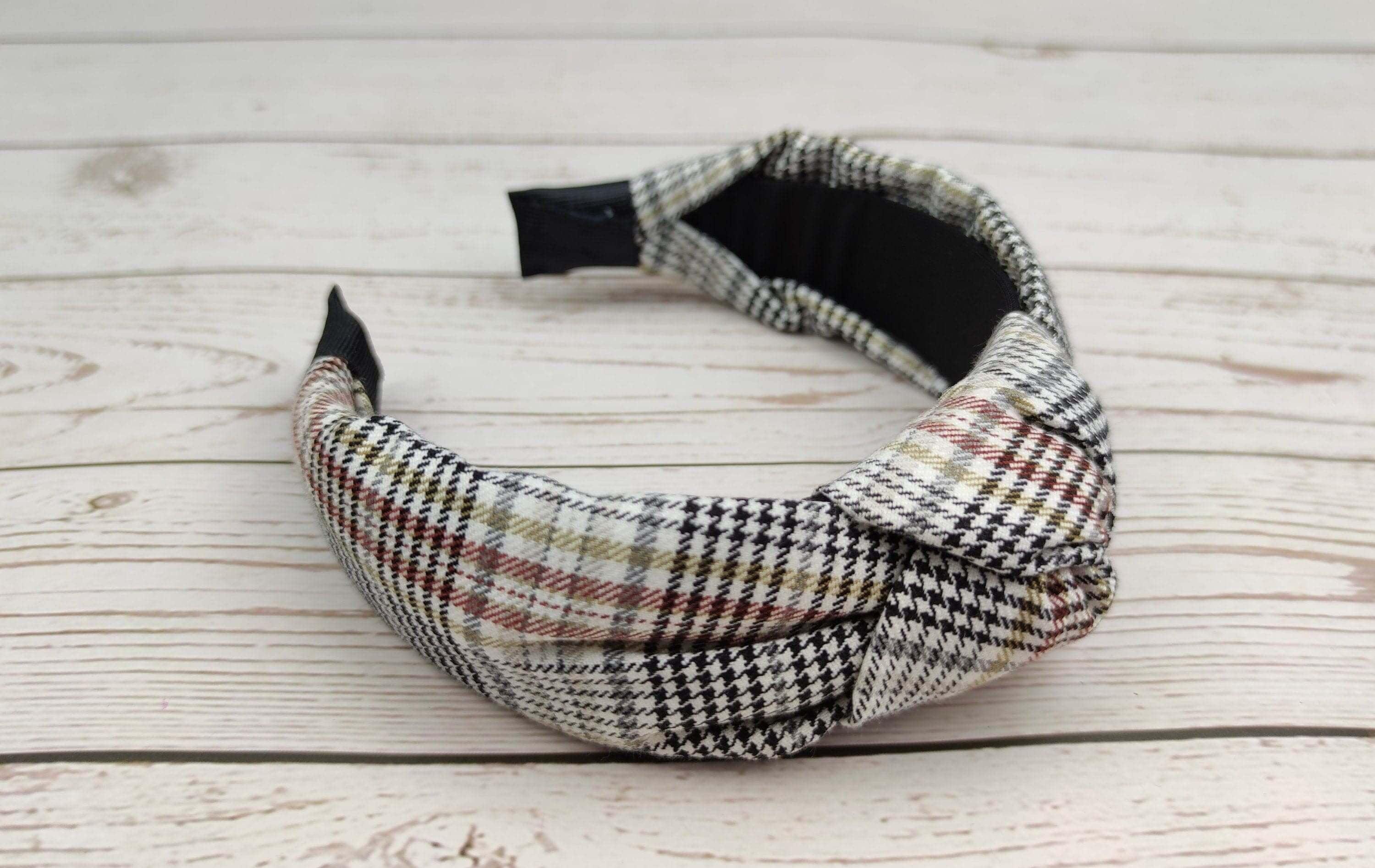 Premium White and Black Crepe Knotted Headband - Casual Fashion Houndstooth Hairband for College with Yellow Brown Striped Accents available at Moyoni Design