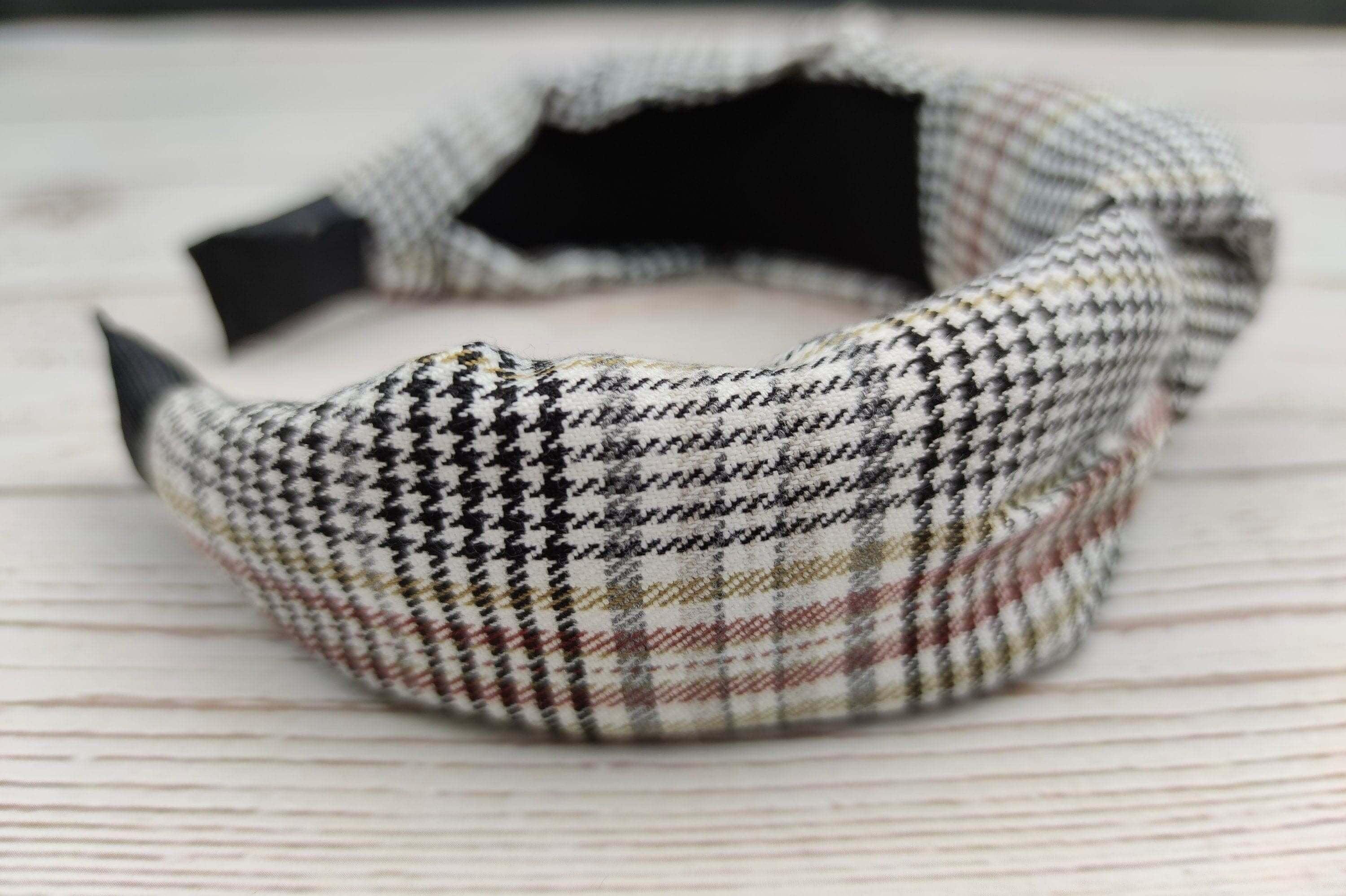 High-Quality White and Black Crepe Knotted Headband - Casual Fashion Houndstooth Hairband for College with Yellow Brown Striped Accents available at Moyoni Design