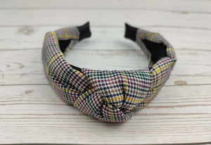 Beautiful White and Black Crepe Knotted Headband - Classic, Fashionable Houndstooth Hair Accessory for College with Yellow, Green and Brown Stripes available at Moyoni Design