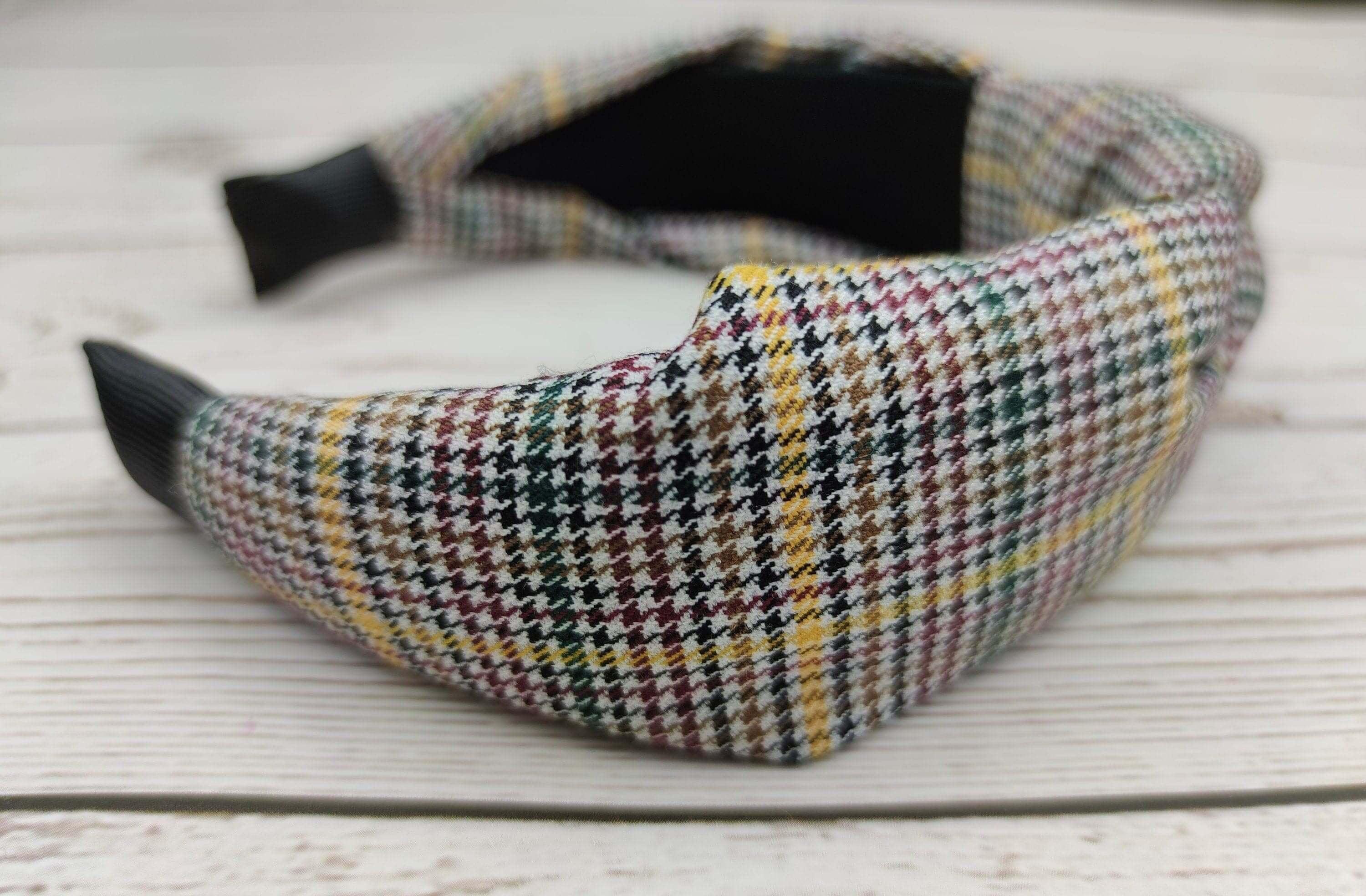 Elegant White and Black Crepe Knotted Headband - Classic, Fashionable Houndstooth Hair Accessory for College with Yellow, Green and Brown Stripes available at Moyoni Design