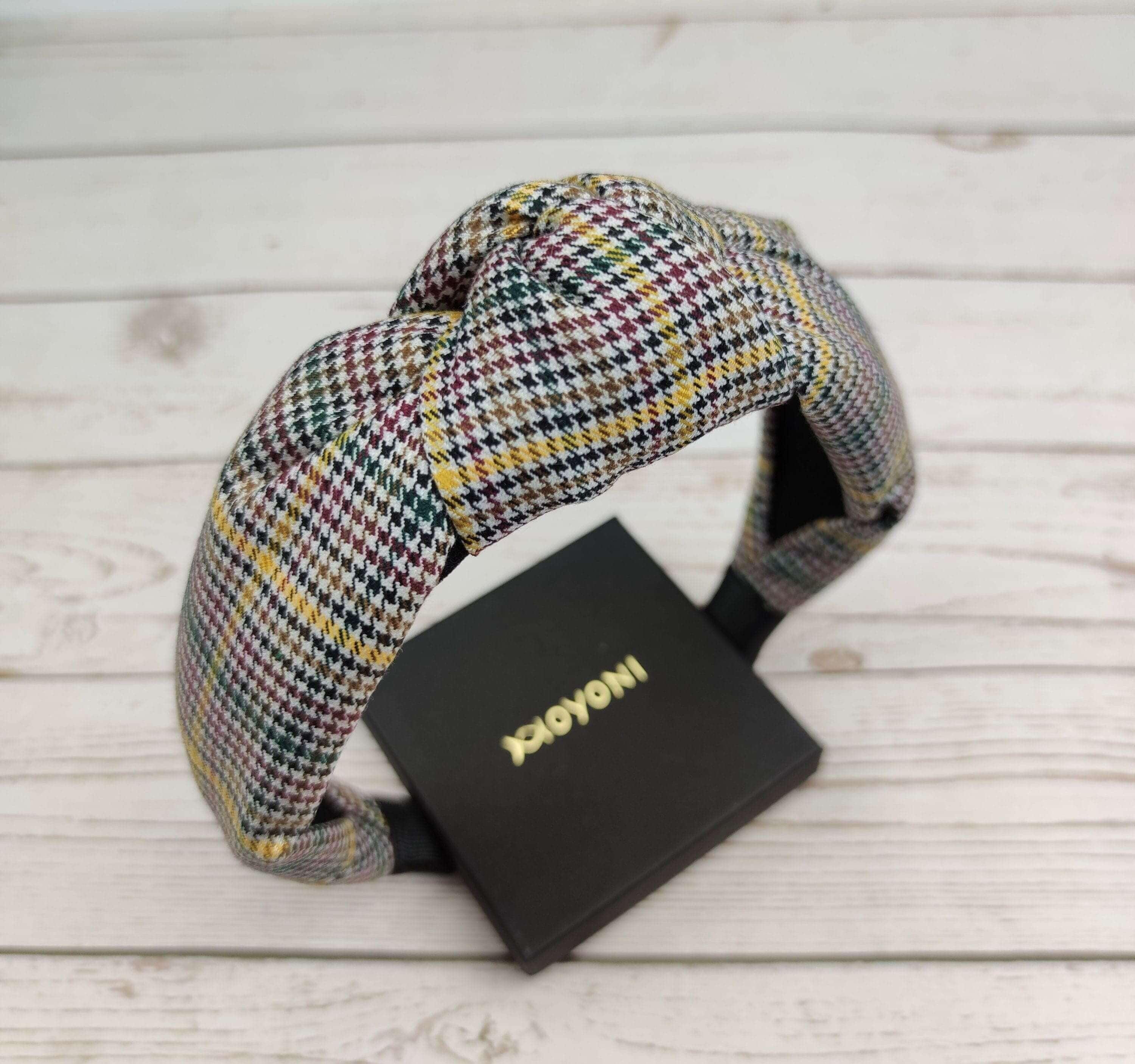 Premium White and Black Crepe Knotted Headband - Classic, Fashionable Houndstooth Hair Accessory for College with Yellow, Green and Brown Stripes available at Moyoni Design