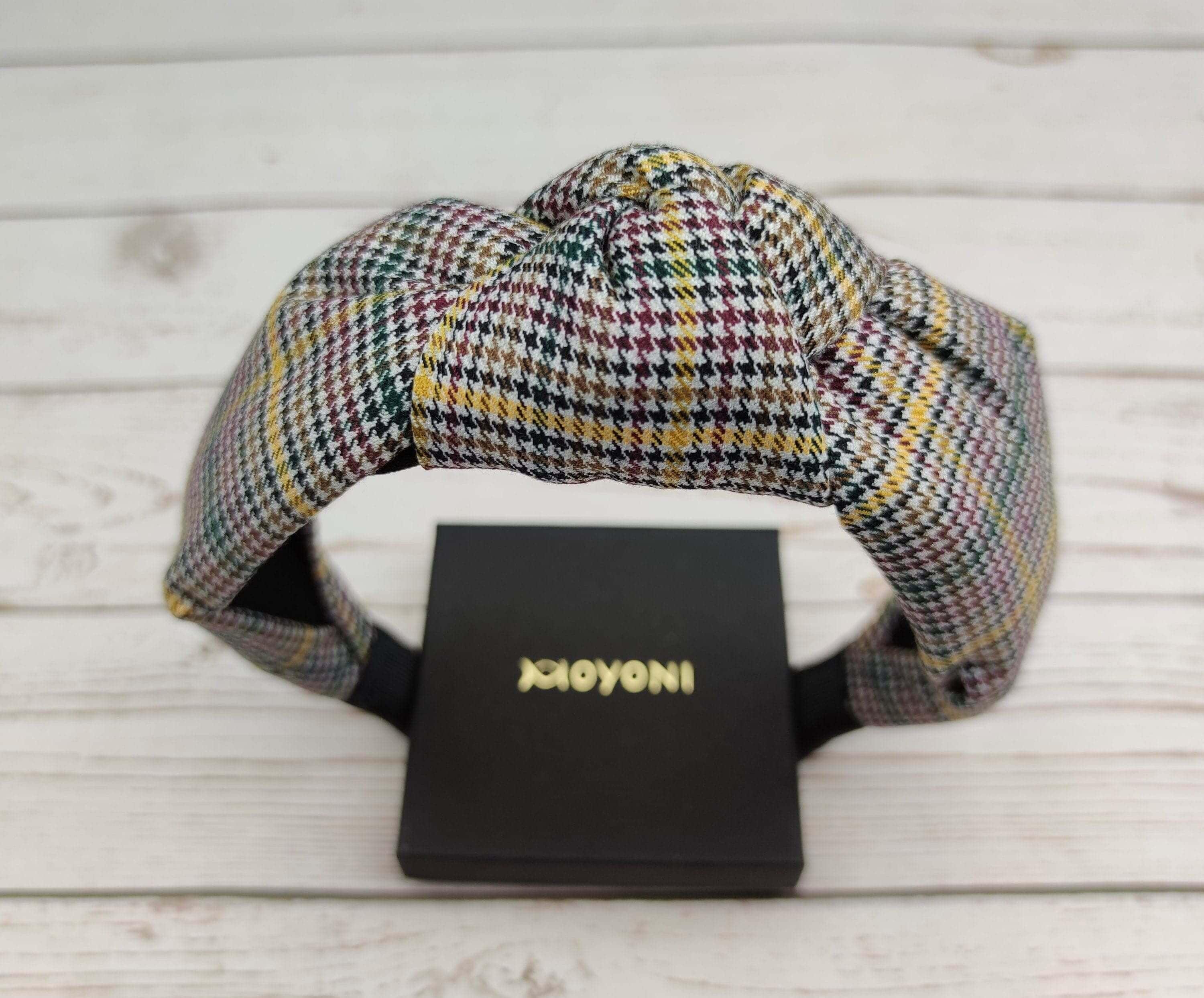 Delicate White and Black Crepe Knotted Headband - Classic, Fashionable Houndstooth Hair Accessory for College with Yellow, Green and Brown Stripes available at Moyoni Design
