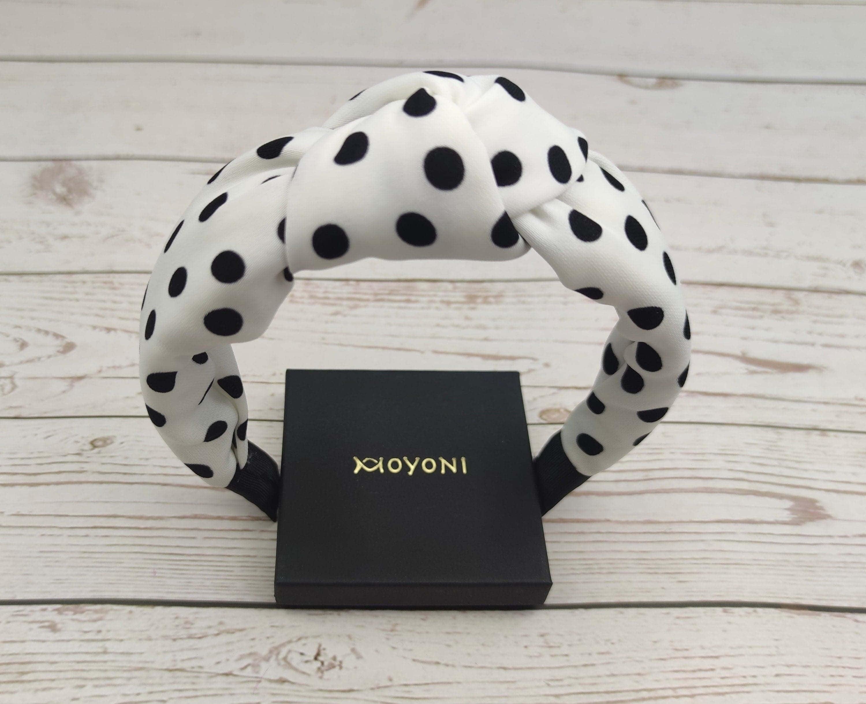 Beautiful White Black Spotted Padded Headband - Stylish Women's Hairband in Viscose Crepe available at Moyoni Design