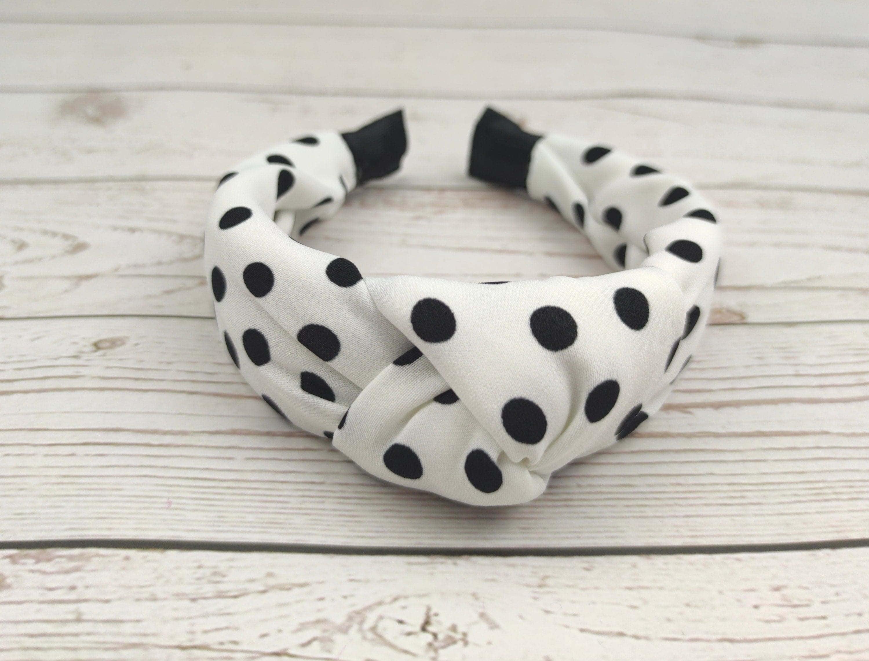 Charming White Black Spotted Padded Headband - Stylish Women's Hairband in Viscose Crepe available at Moyoni Design